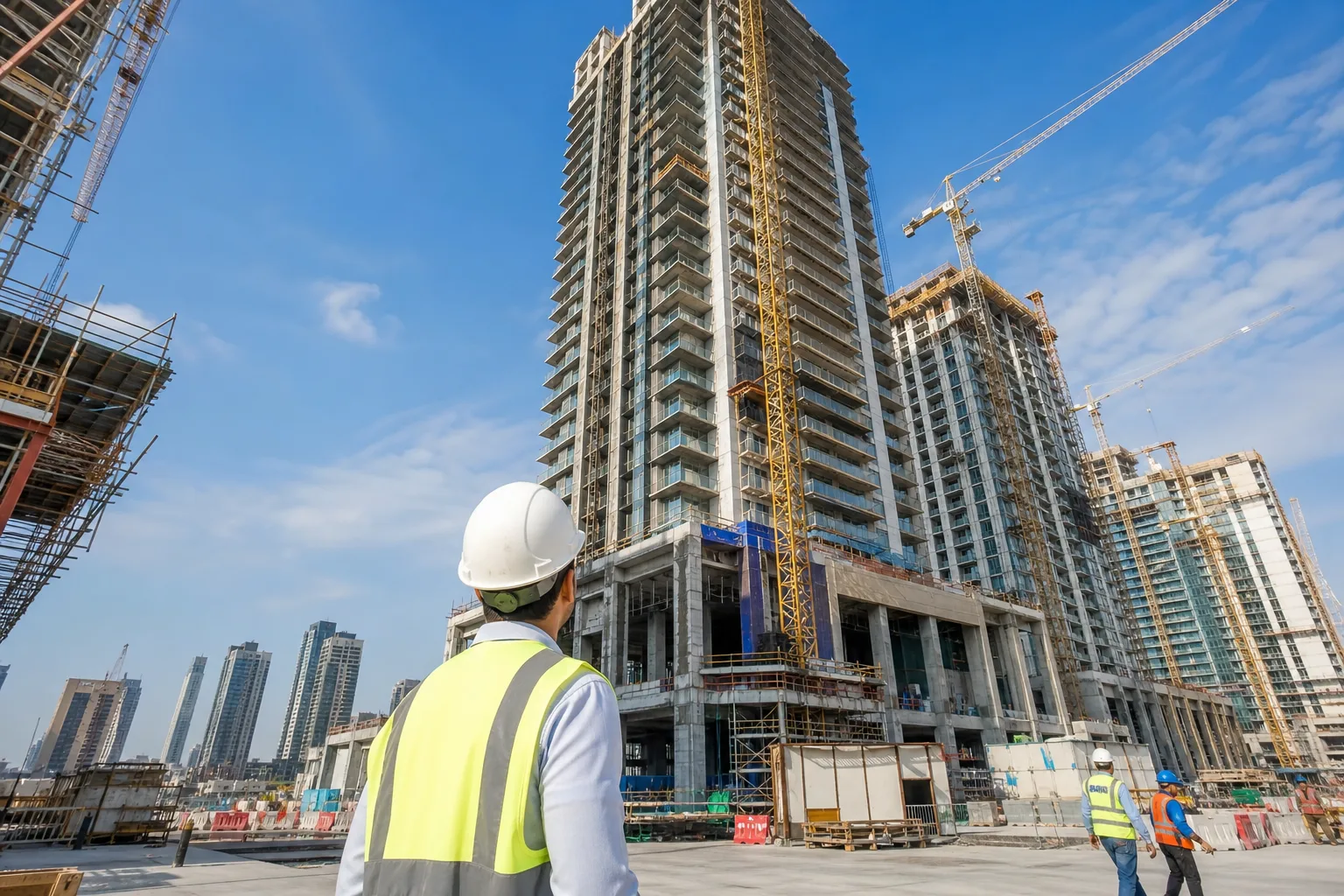 Obra de torre residencial en fase de finalización en Dubái con trabajadores con casco y grúas bajo un cielo azul