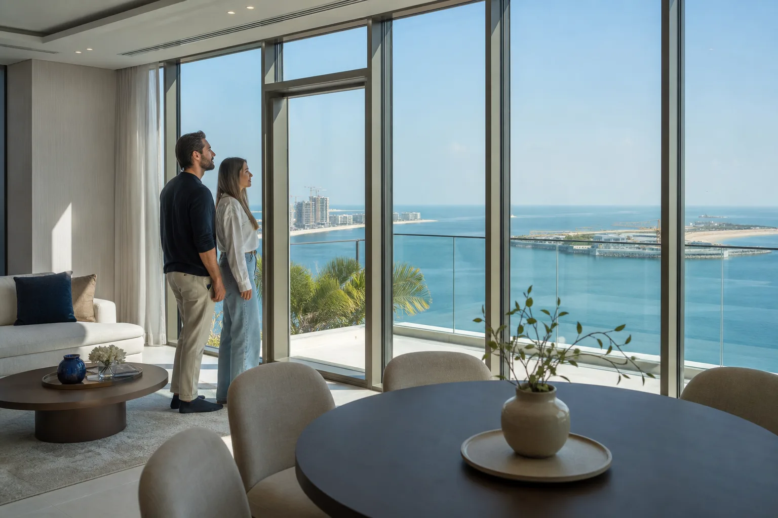 Couple viewing a bright show apartment with floor-to-ceiling windows opening onto the sea and beachfront