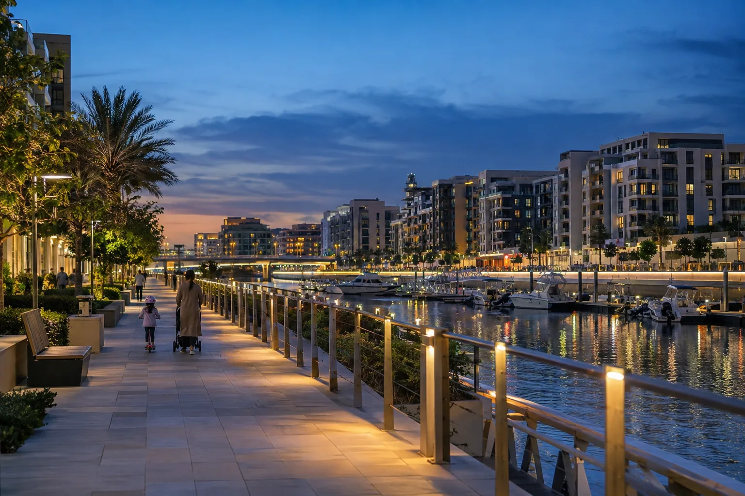 Canal-side promenade in Al Rahah at blue hour, a parent pushing a stroller past moored boats