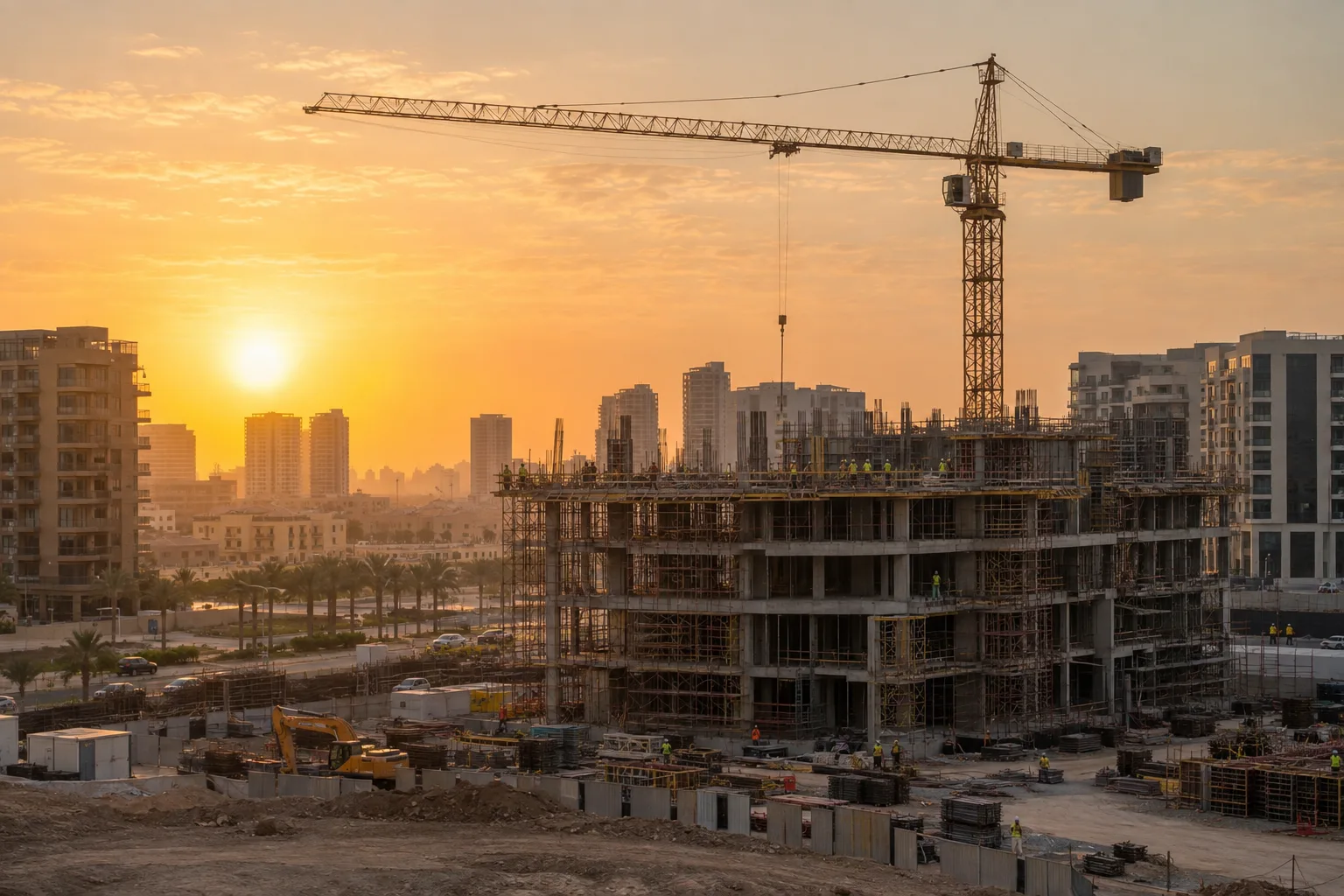 Construction site of an off-plan residential building in Dubai Sports City with a crane, at sunset