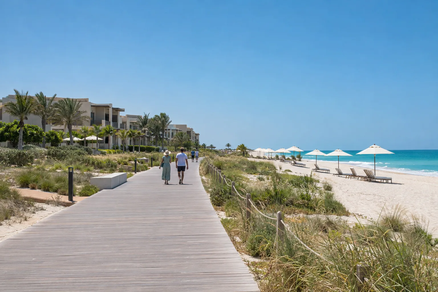 Distant walkers on a beach boardwalk on Saadiyat, in front of low-rise sand-toned residences