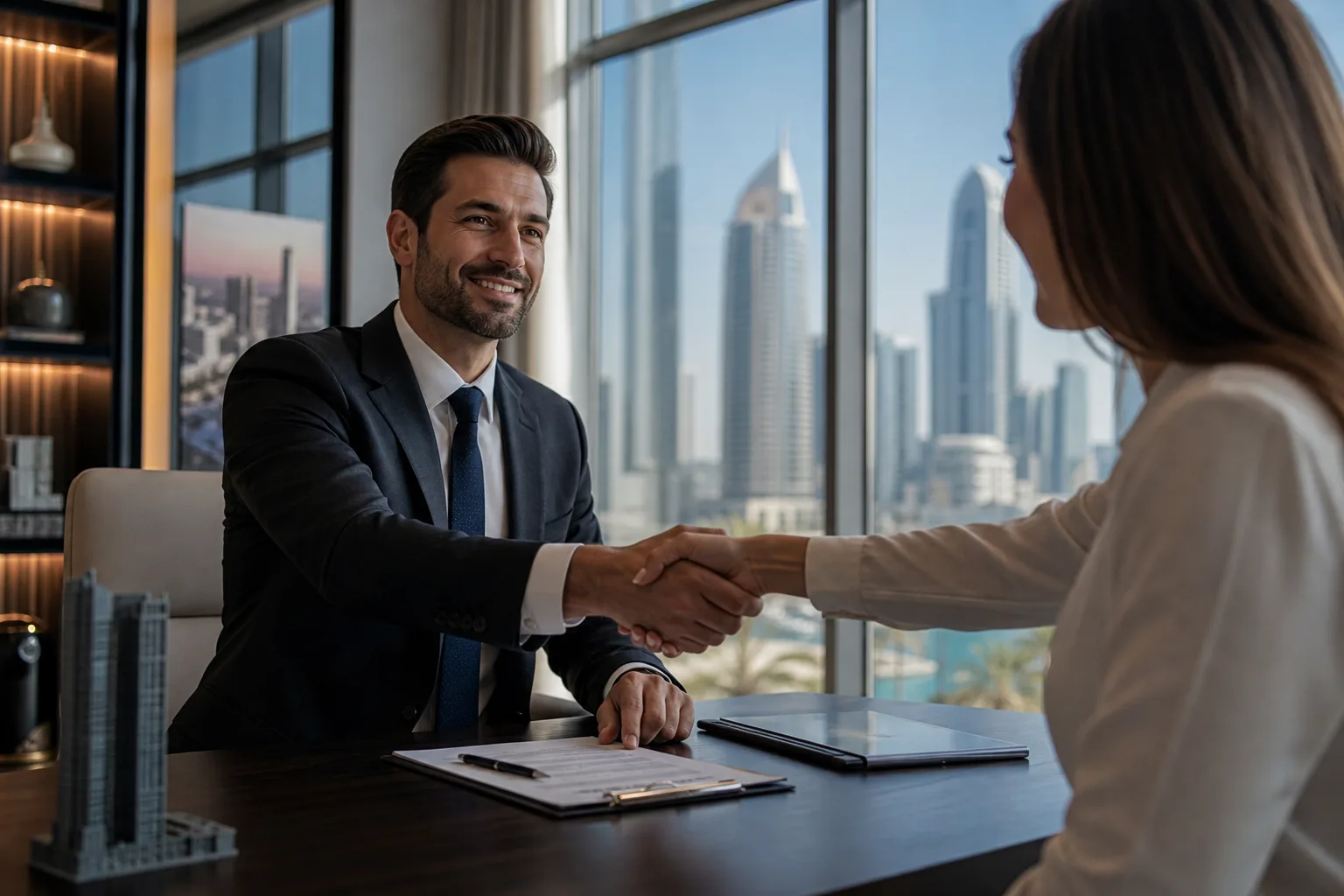 Apretón de manos entre dos personas durante la firma de un contrato en una oficina moderna con vistas a Dubái