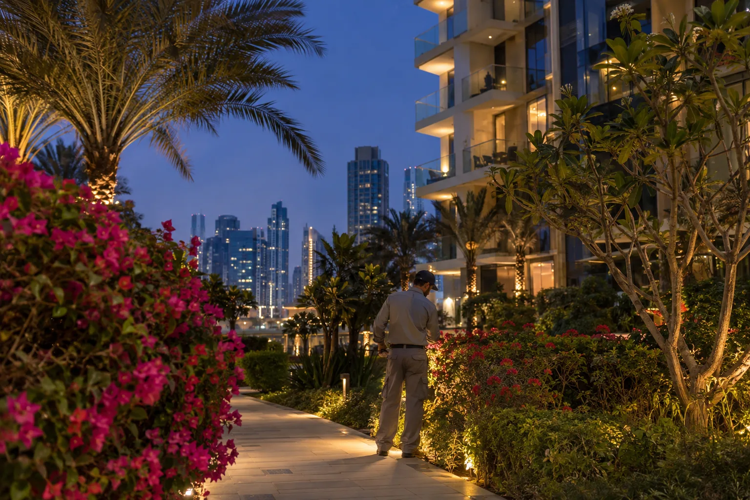 Technician seen from behind inspecting the watering of a shared garden at the foot of a residential tower at dusk