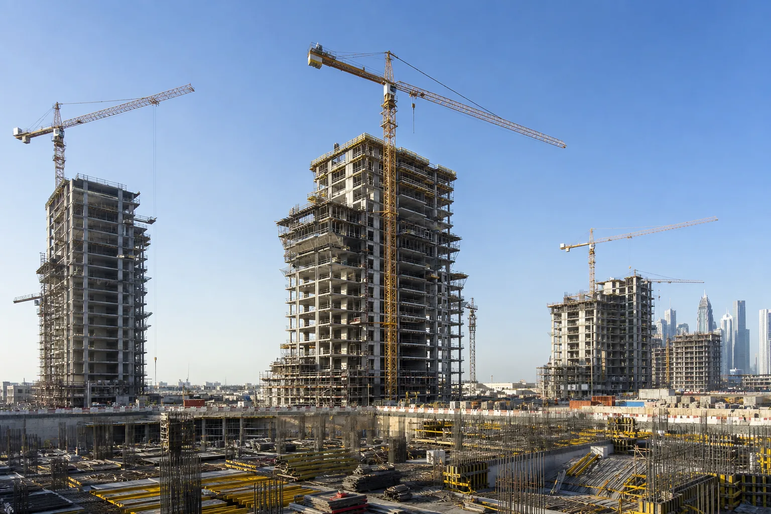 Chantier de construction de tours résidentielles avec grues à Dubaï sous un ciel dégagé, symbolisant un projet sur plan