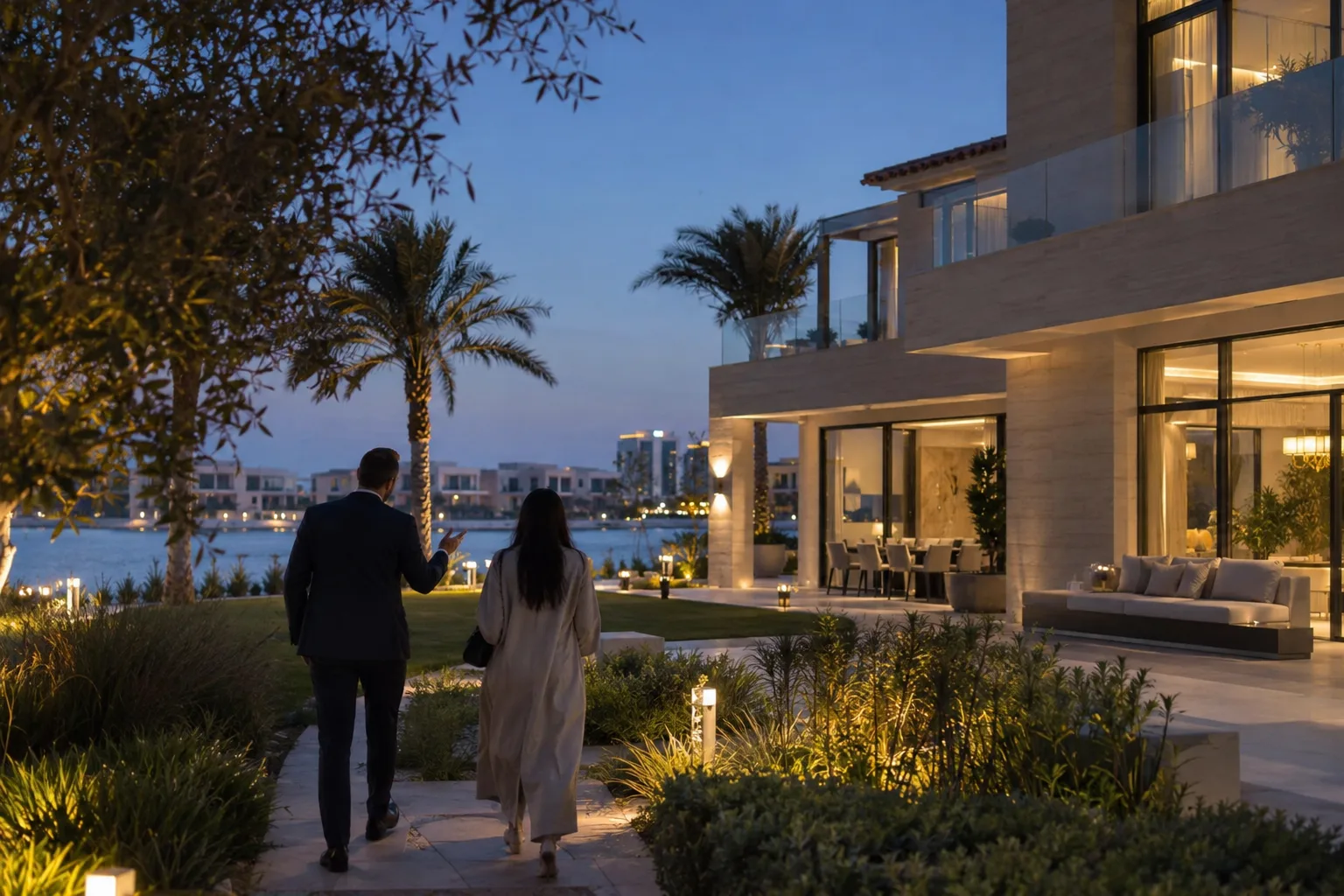 An adviser and a client, seen from behind, touring the garden of a high-end villa on Yas Island at dusk