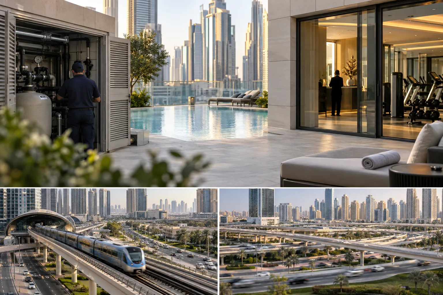 Technician seen from behind maintaining common facilities in a luxury Downtown Dubai tower