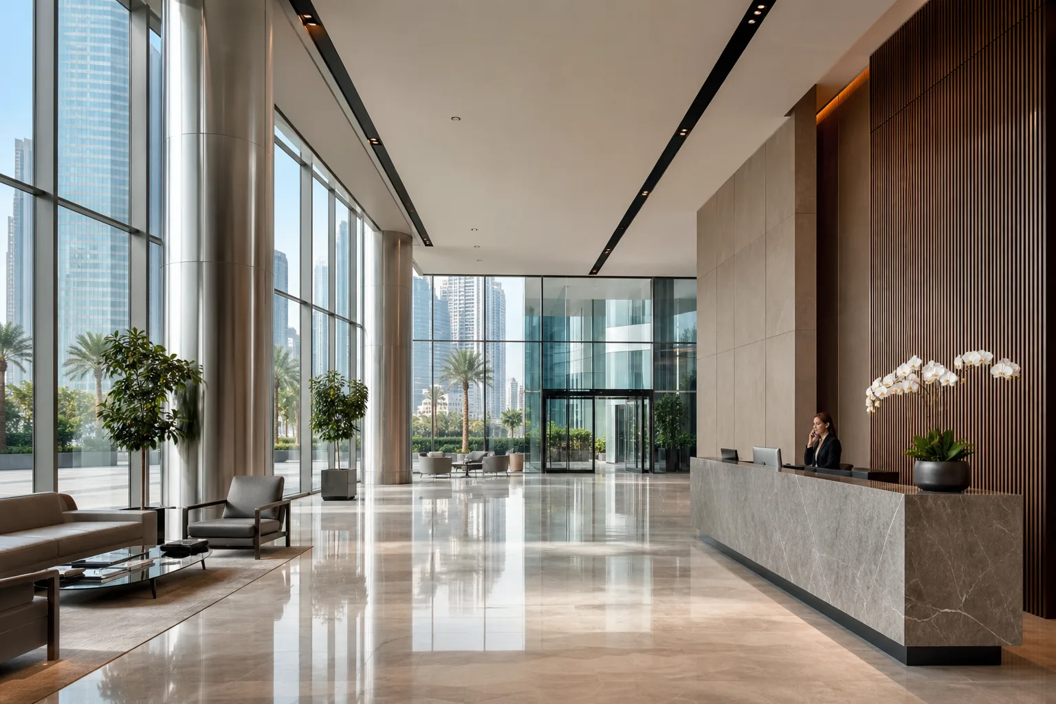 Entrée moderne d'une tour de bureaux à Dubaï avec réception élégante et grandes baies vitrées lumineuses