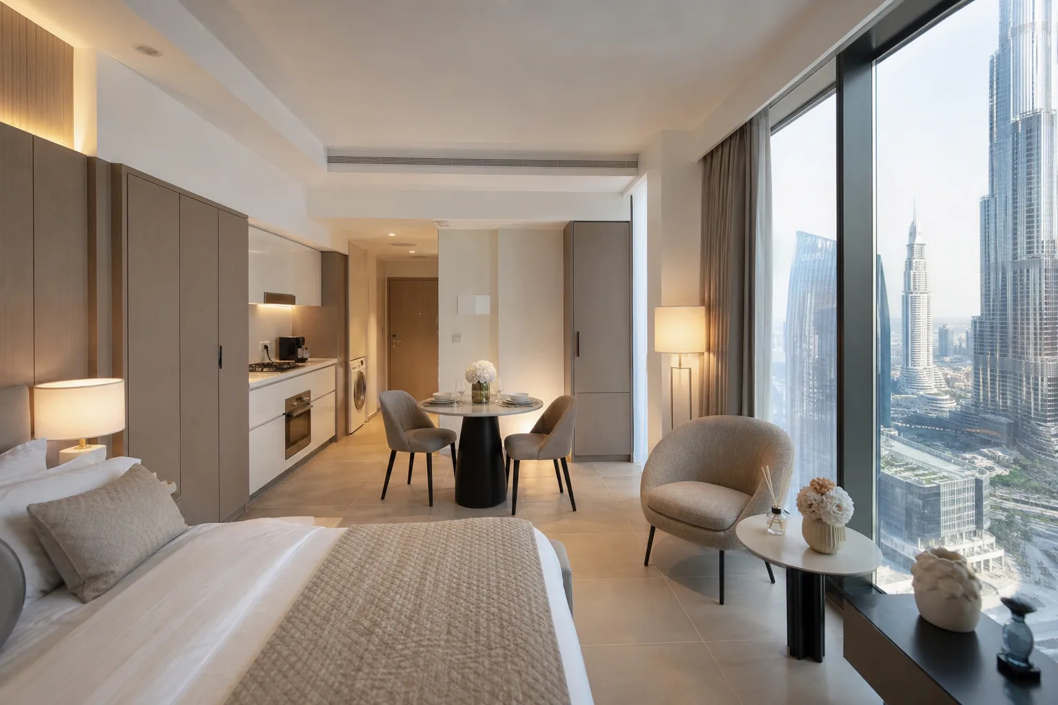 Intérieur lumineux d'un studio meublé avec kitchenette ouverte et baie vitrée donnant sur les tours de Dubaï