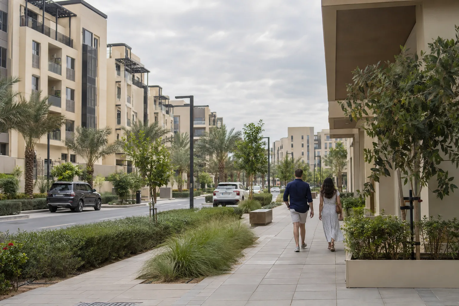 Couple seen from behind walking down a new residential street on Yas Island under an overcast sky