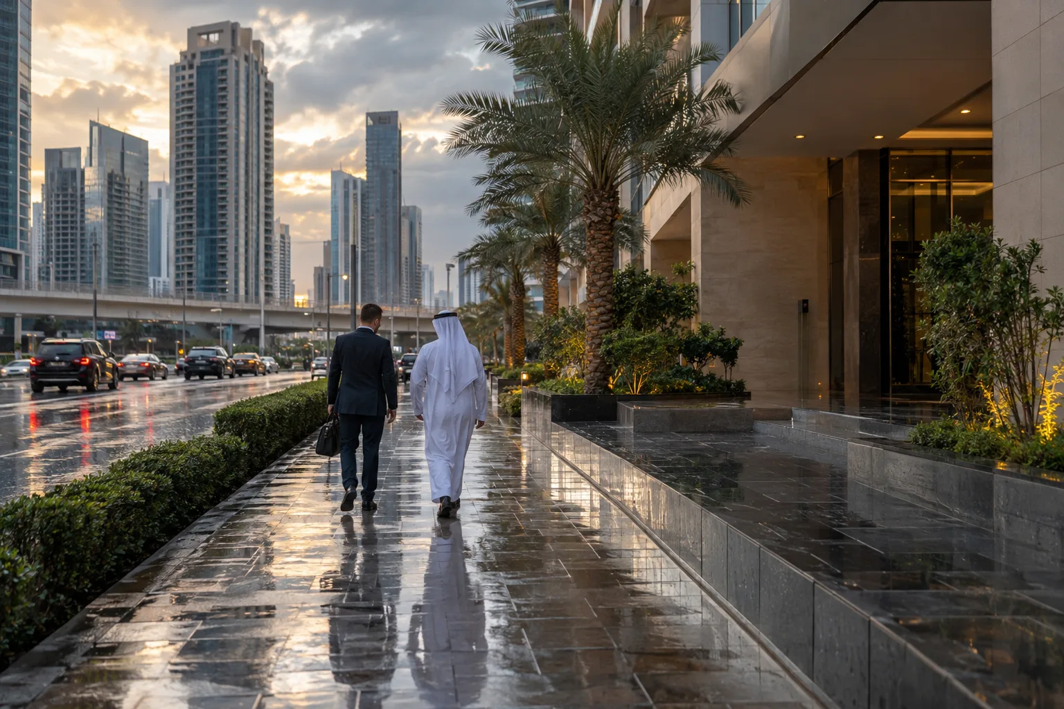 An investor and an advisor, seen from behind, walking past a residential building in Business Bay on a wet pavement