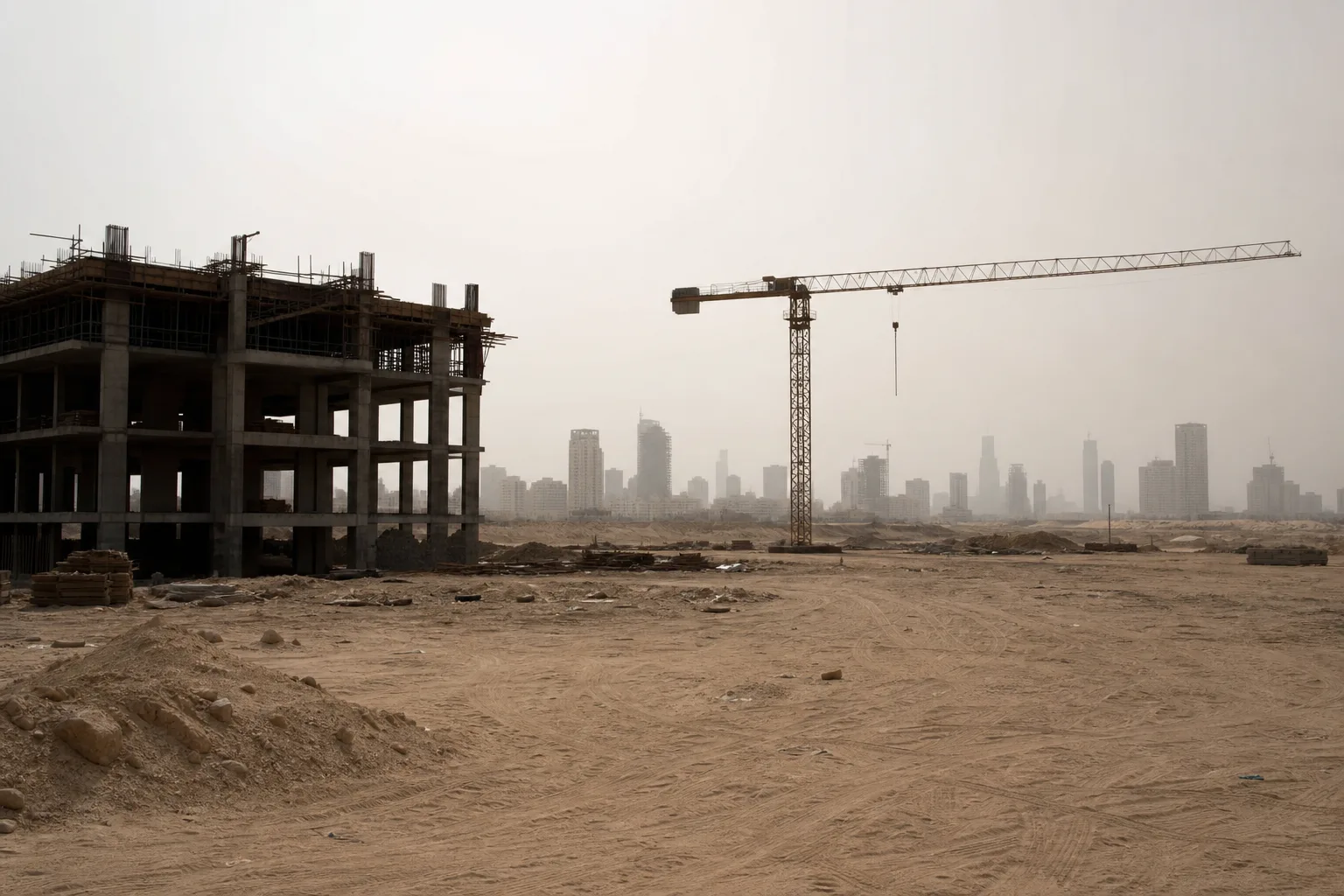 Obra de Dubái parada con grúa inmóvil y solar polvoriento, edificios sin terminar bajo un cielo velado