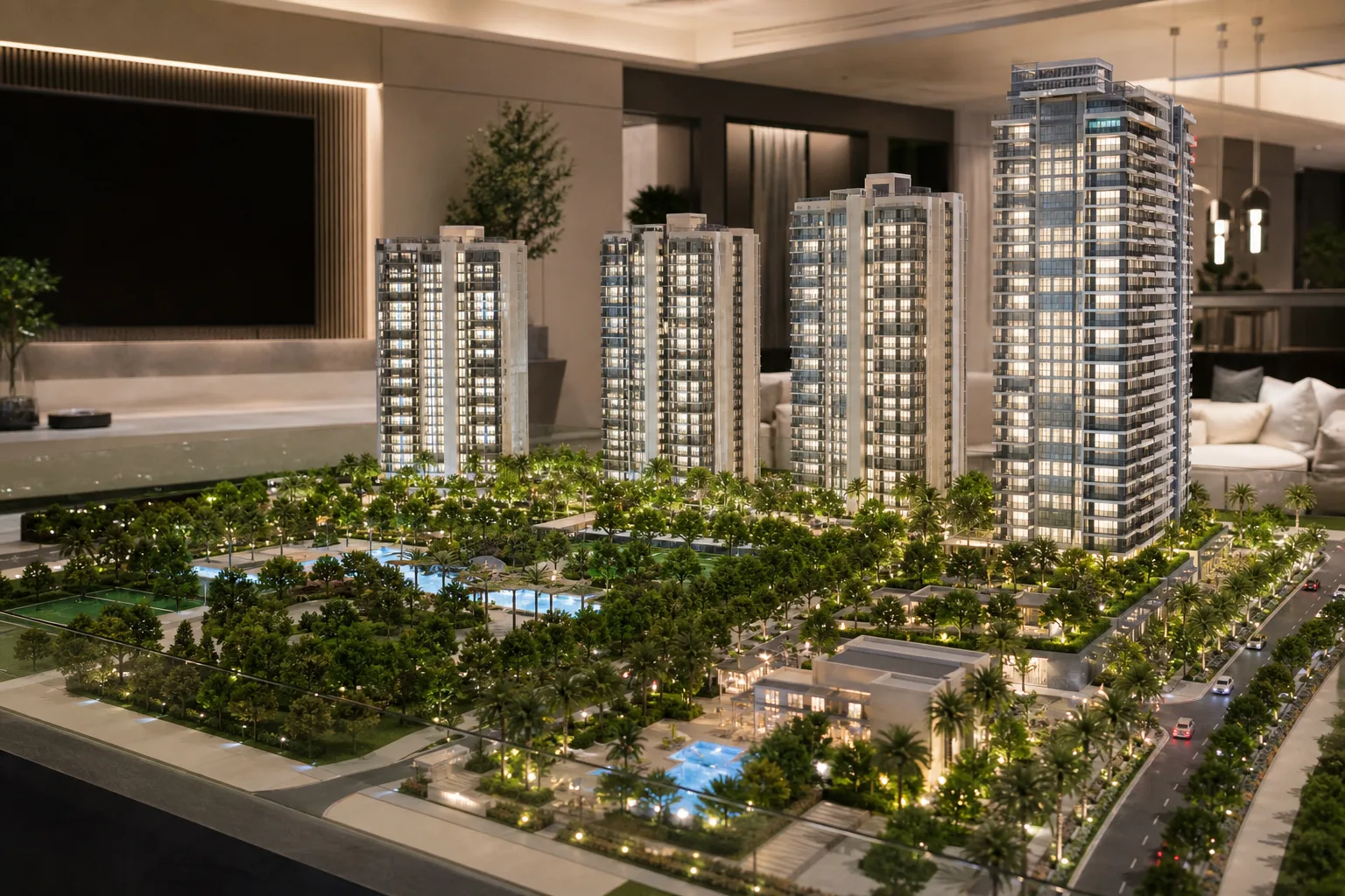 Maqueta de un proyecto residencial nuevo expuesta en un show-room de venta en Dubái, torres en miniatura y jardines detallados bajo una iluminación cuidada