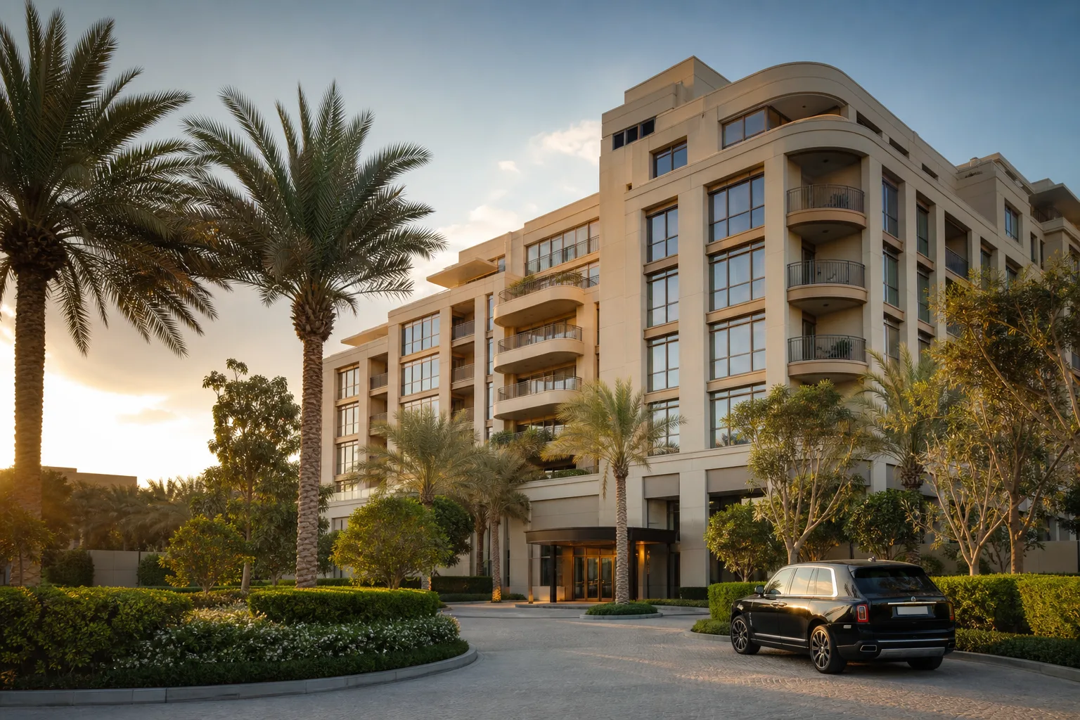 Résidence de standing achevée dans un quartier prisé de Dubaï avec palmiers et façade soignée