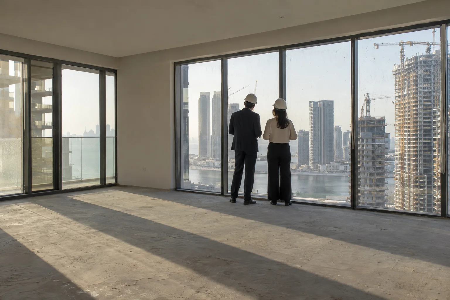 Investor and advisor seen from behind, wearing helmets, in a nearly finished new apartment on Al Reem Island, facing towers under construction