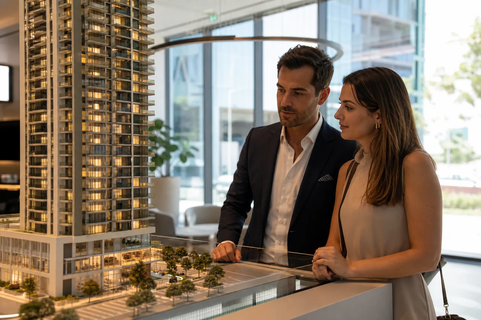 Pareja elegante observando una maqueta de torre residencial en un showroom luminoso en Dubái