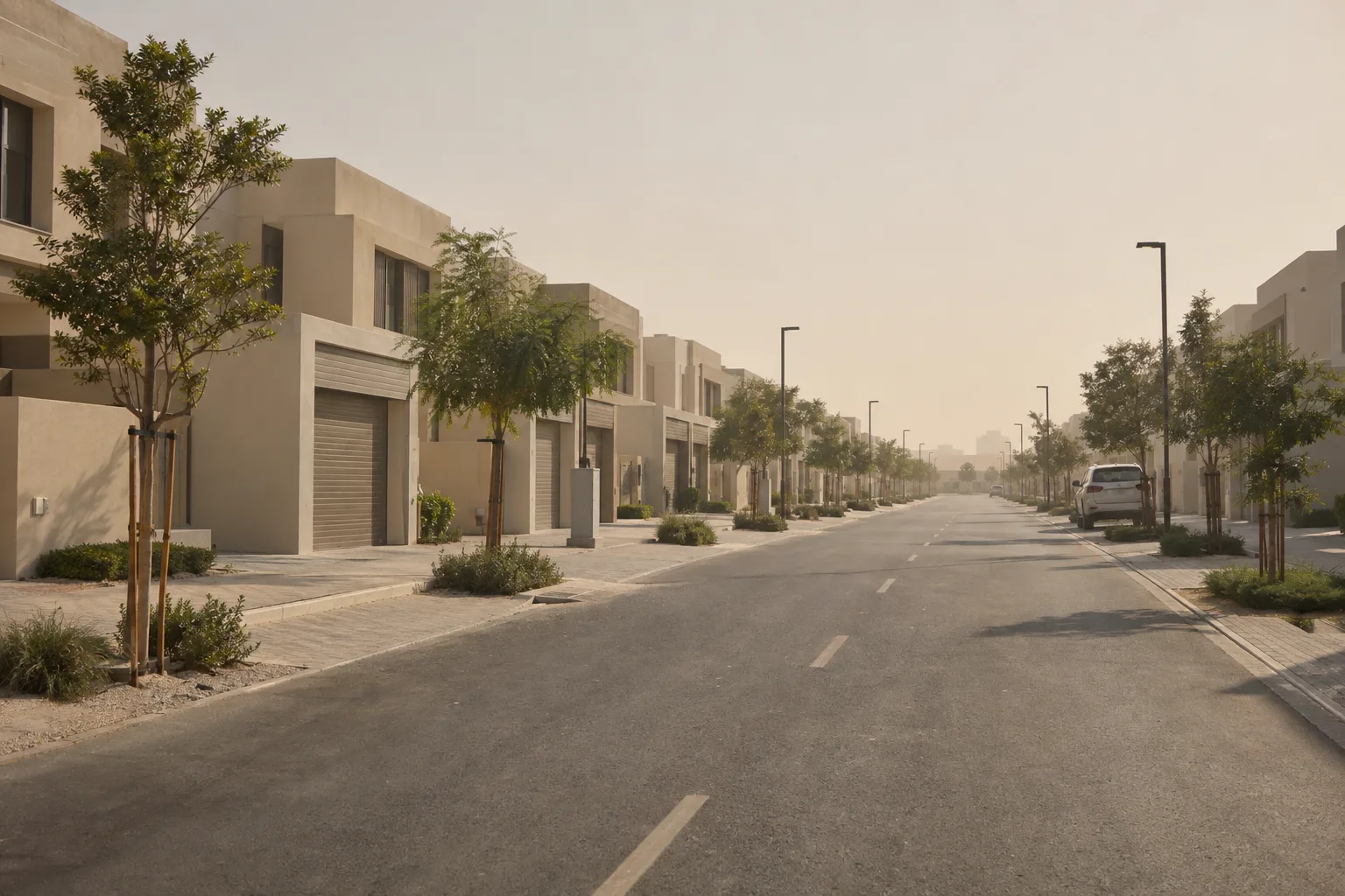 Quiet street of new villas with closed shutters in Al Jurf Gardens, under a haze of dust