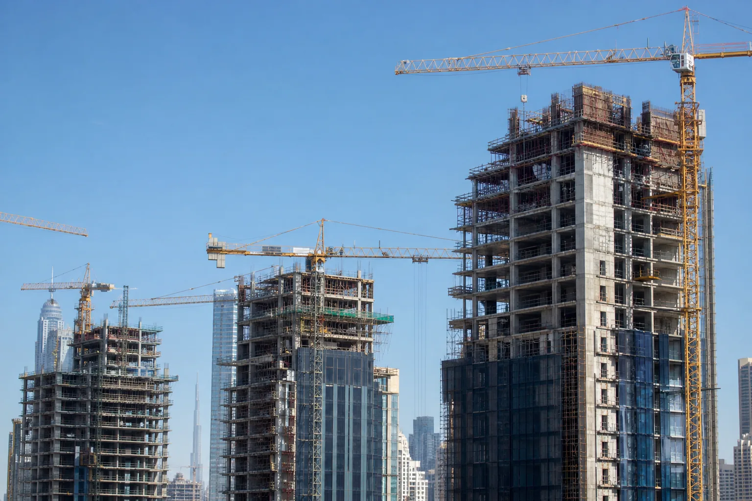 Residential towers under construction in Dubai with cranes under a clear sky