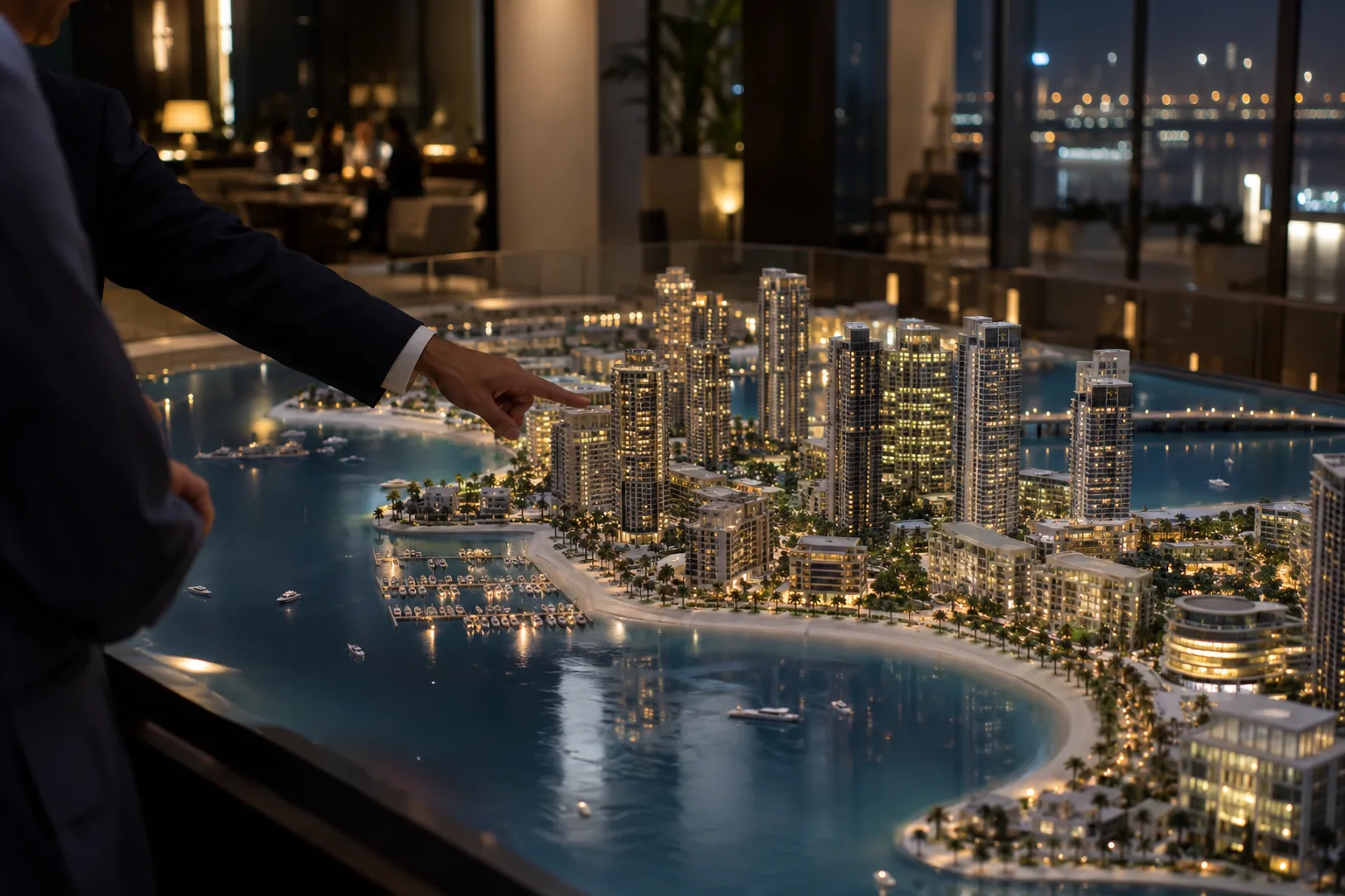 Adviser's hands pointing to towers on a scale model of a waterfront residential district, Abu Dhabi