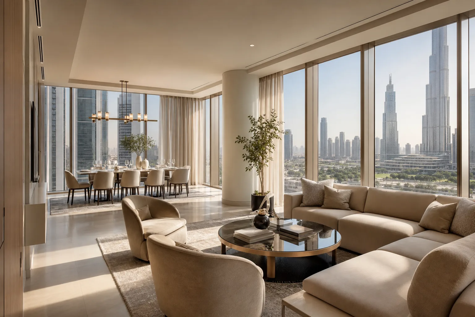 Interior of a completed luxury apartment in Dubai with high-end finishes and panoramic city views