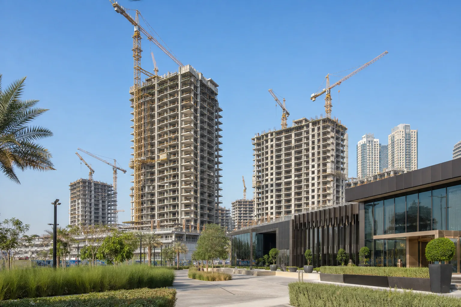 Chantier de tours résidentielles en construction à Dubaï avec grues sous un ciel dégagé