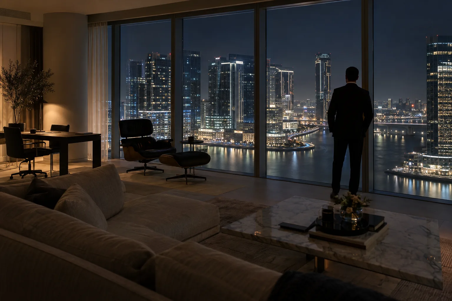 Living room of a furnished Al Maryah Island apartment at night, floor-to-ceiling windows facing lit office towers