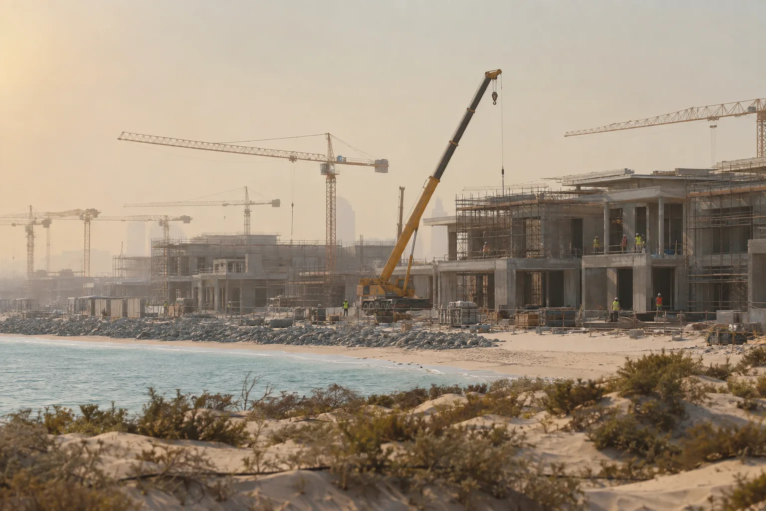 Villa construction site on Saadiyat Island with scaffolding and distant workers in a haze of dust