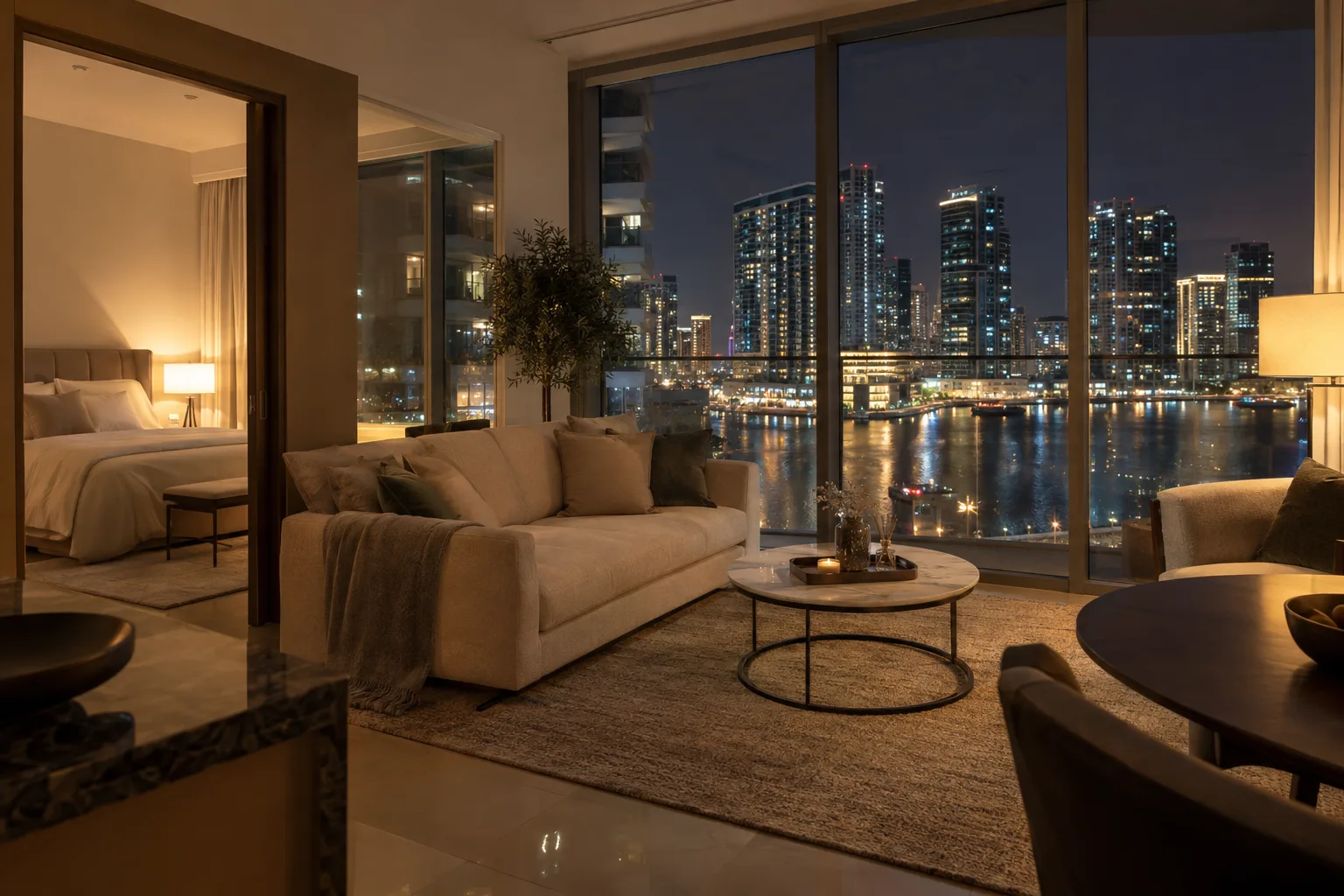 Furnished one-bedroom apartment at night, floor-to-ceiling windows overlooking lit towers