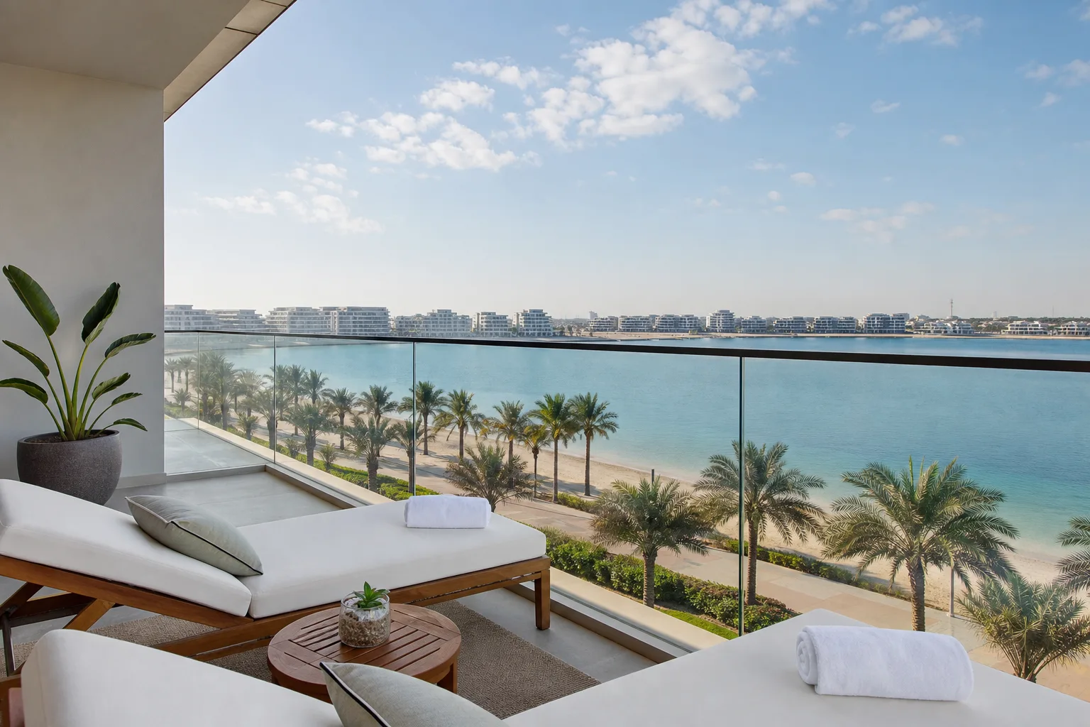 Terrace of a holiday rental apartment with sun loungers facing the lagoon and the coastal promenade