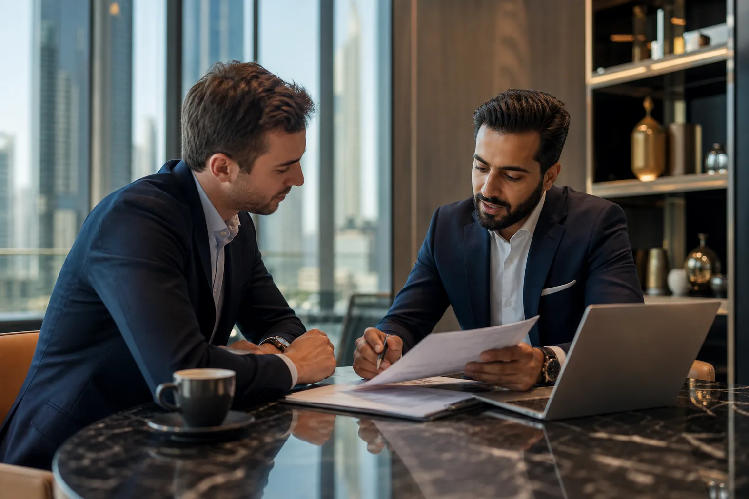 Client et conseiller examinant des documents autour d'une table dans un bureau immobilier élégant à Dubai