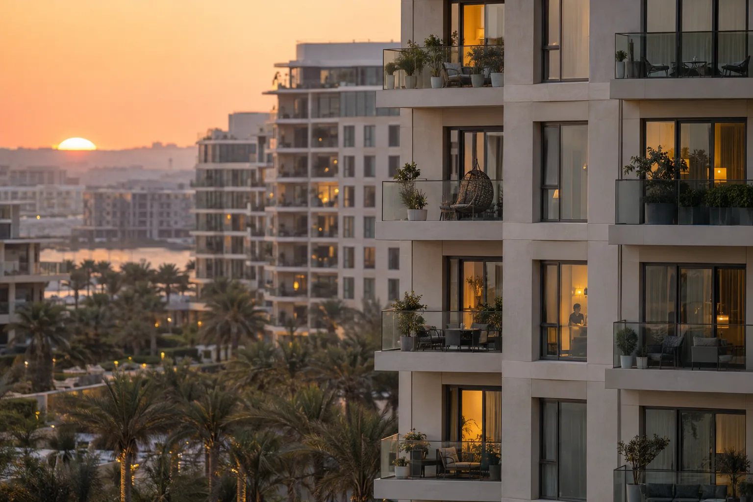 Completed, occupied residential building on Yas Island at sunrise, furnished balconies