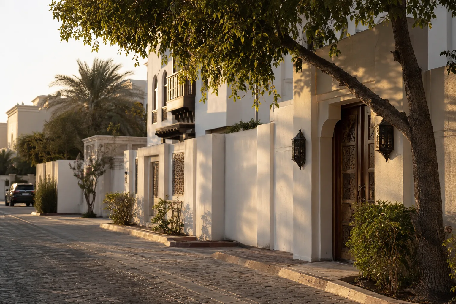 High white wall and carved wooden gate of a villa in a traditional residential neighbourhood of Abu Dhabi