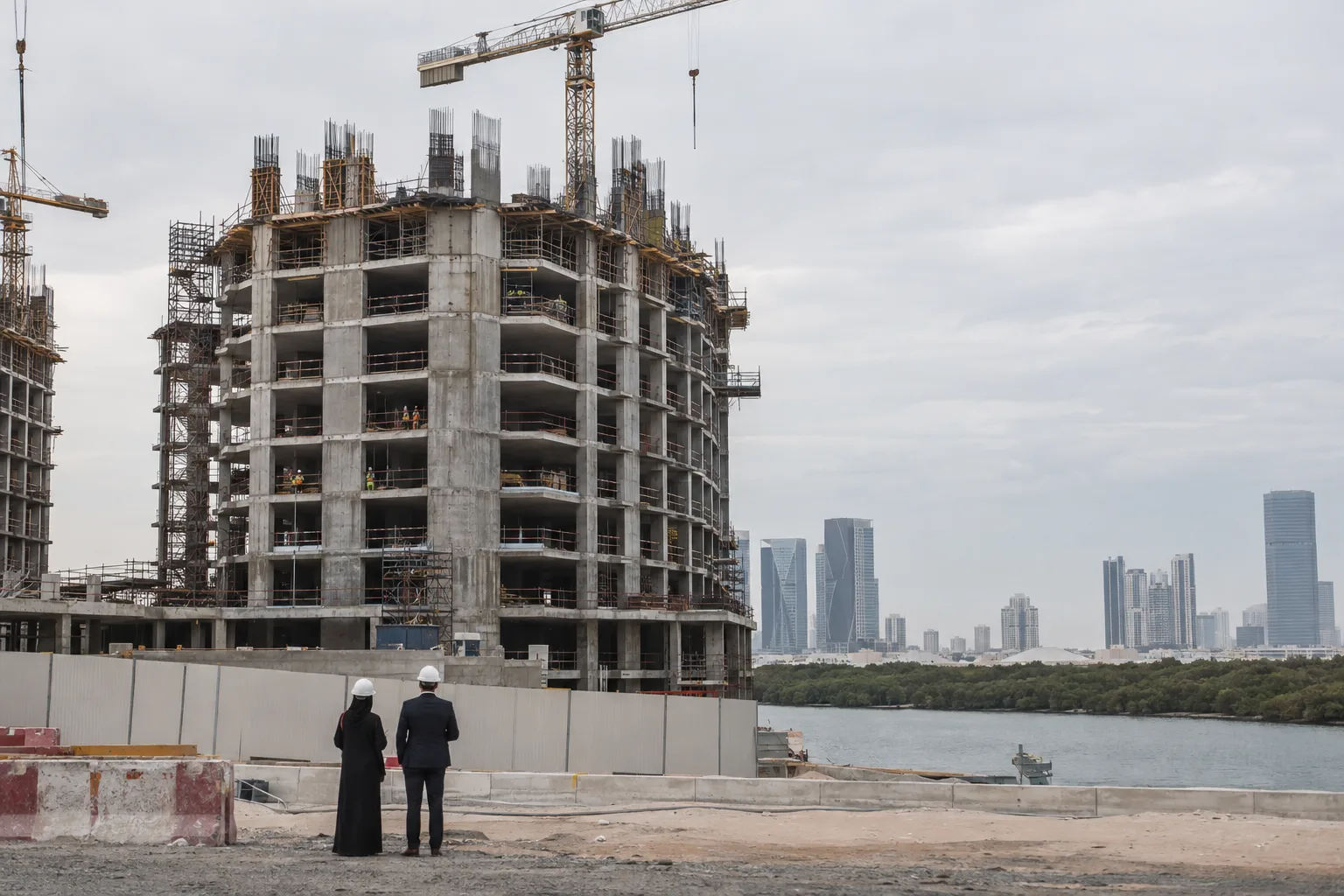 Off-plan residential building at mid-construction on Al Reem Island, crane and concrete slabs, two silhouettes seen from behind
