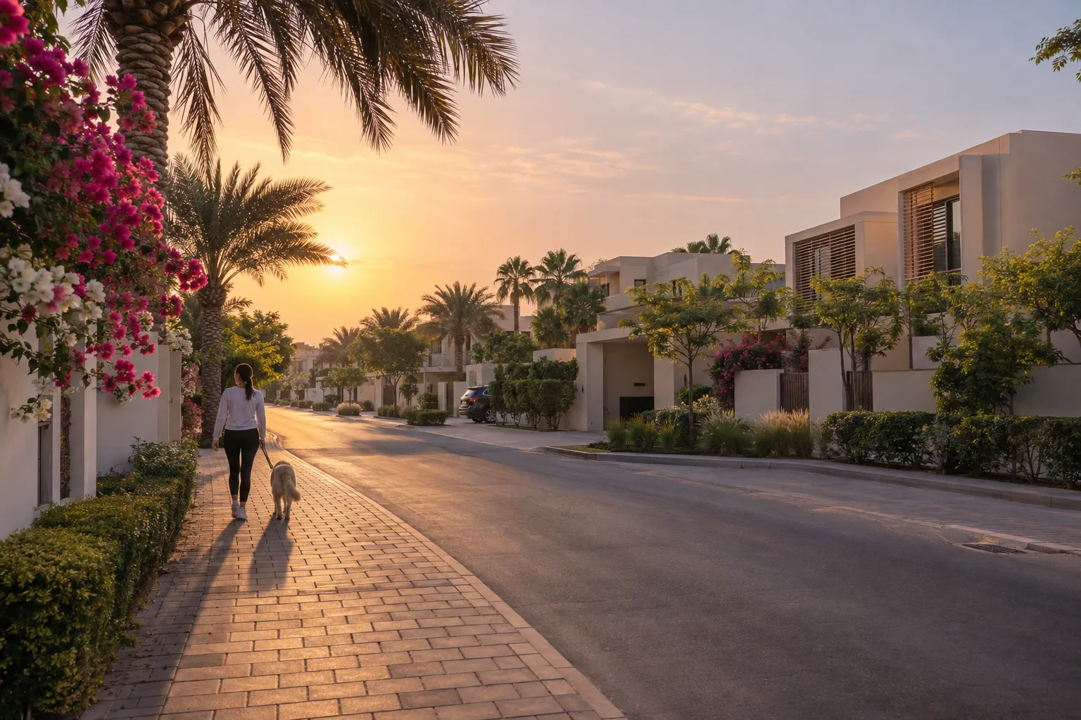 Quiet street lined with contemporary sand-toned villas and date palms in Abu Dhabi at sunrise