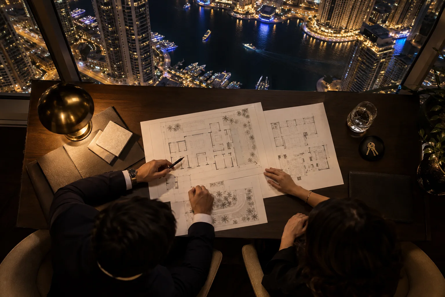 Overhead view of hands above blank plans, with a pen and keys, on a desk lit by a lamp
