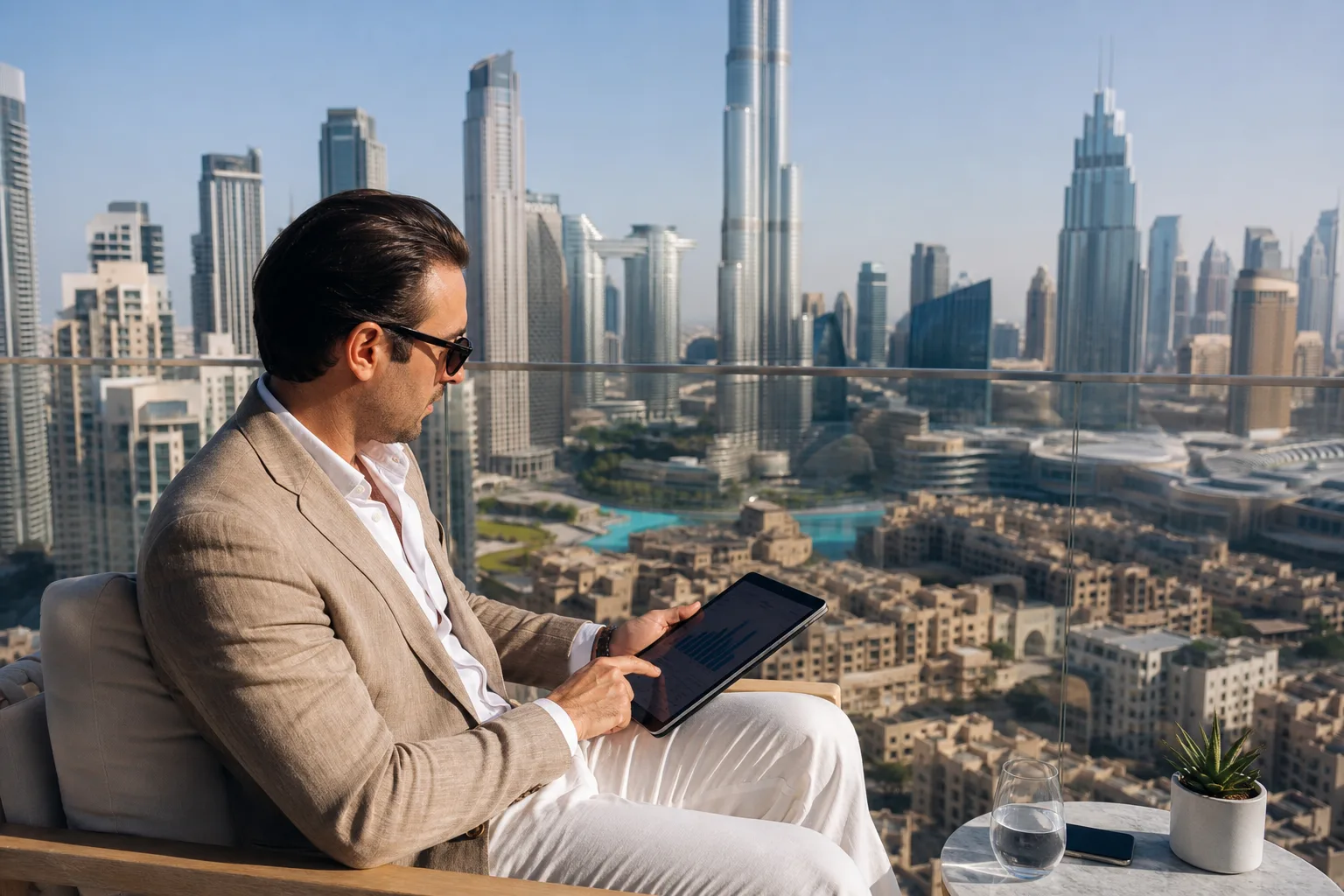 Investisseur consultant une tablette sur une terrasse haute avec vue panoramique sur Downtown Dubai