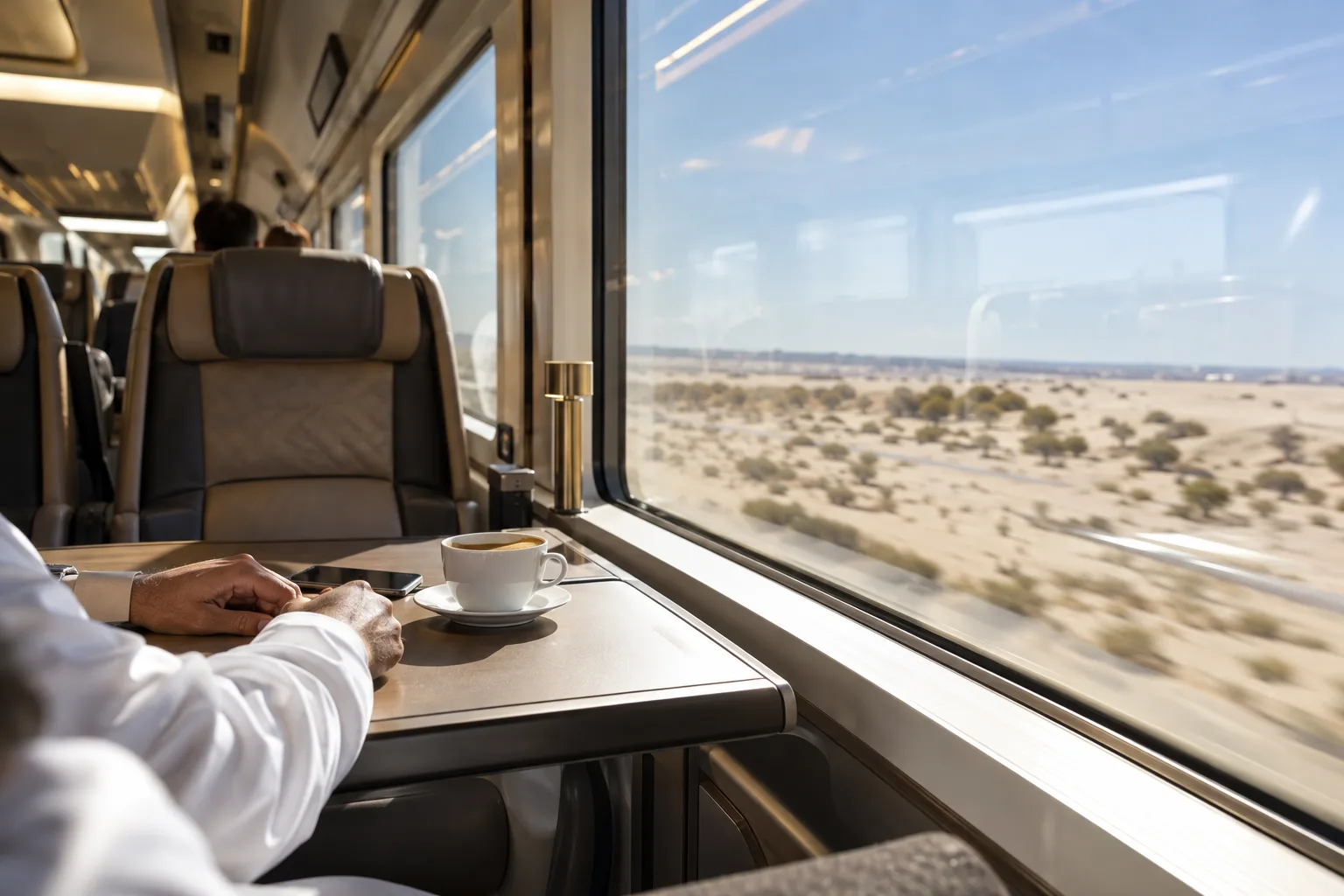 A traveller's hands on a premium-class seat tray table, blurred desert beyond the window