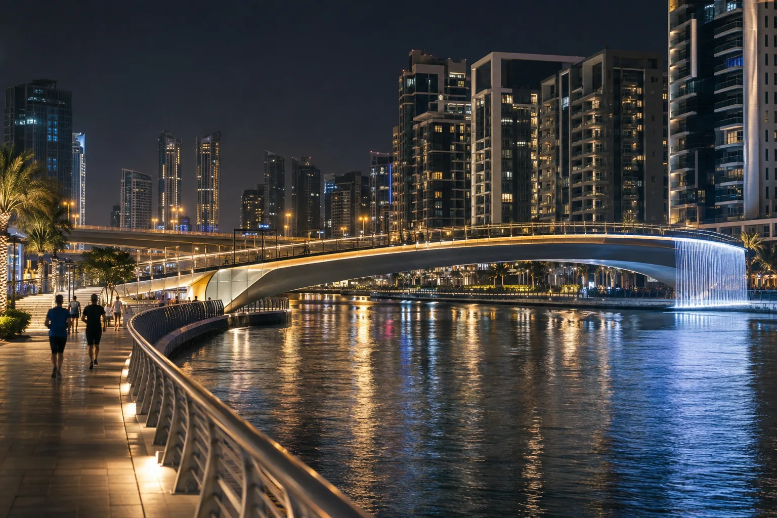 Business Bay canal promenade at night, illuminated pedestrian walkway and silhouettes of joggers