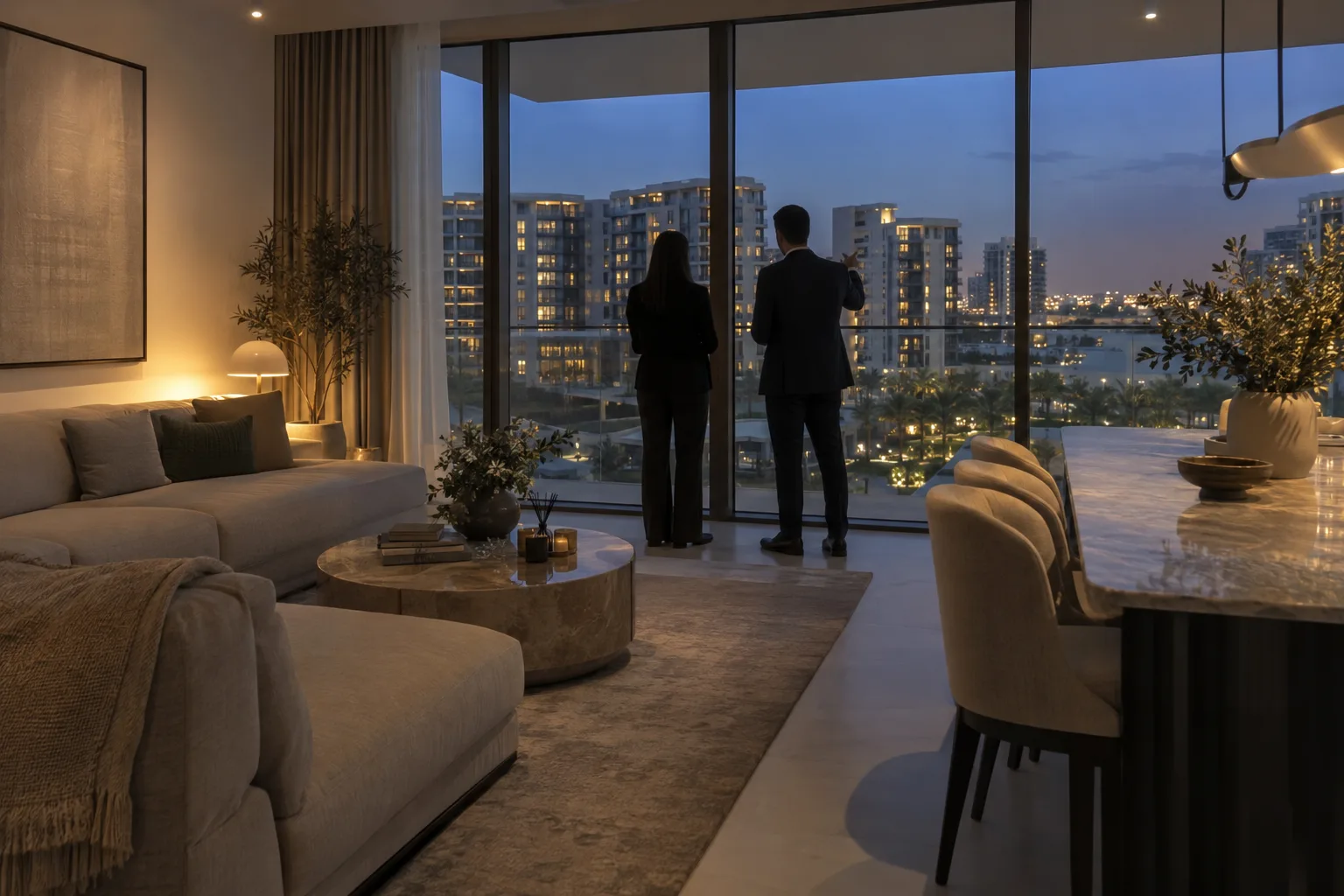 Viewing of a completed apartment at blue hour, two silhouettes by the floor-to-ceiling window