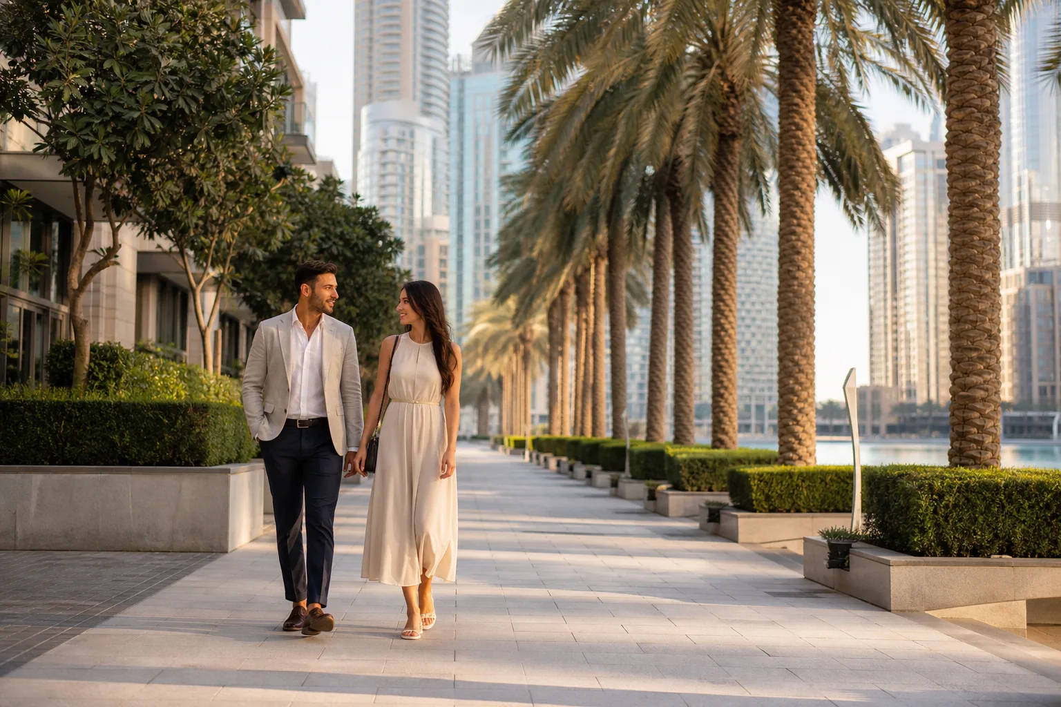 Couple élégant marchant dans une allée résidentielle bordée de tours modernes à Downtown Dubaï en fin de journée