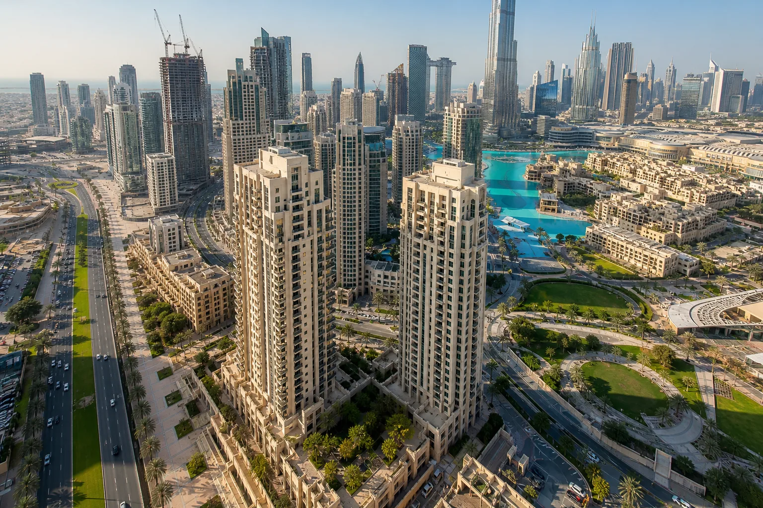Aerial view of Downtown Dubai with its towers and palm-lined avenues