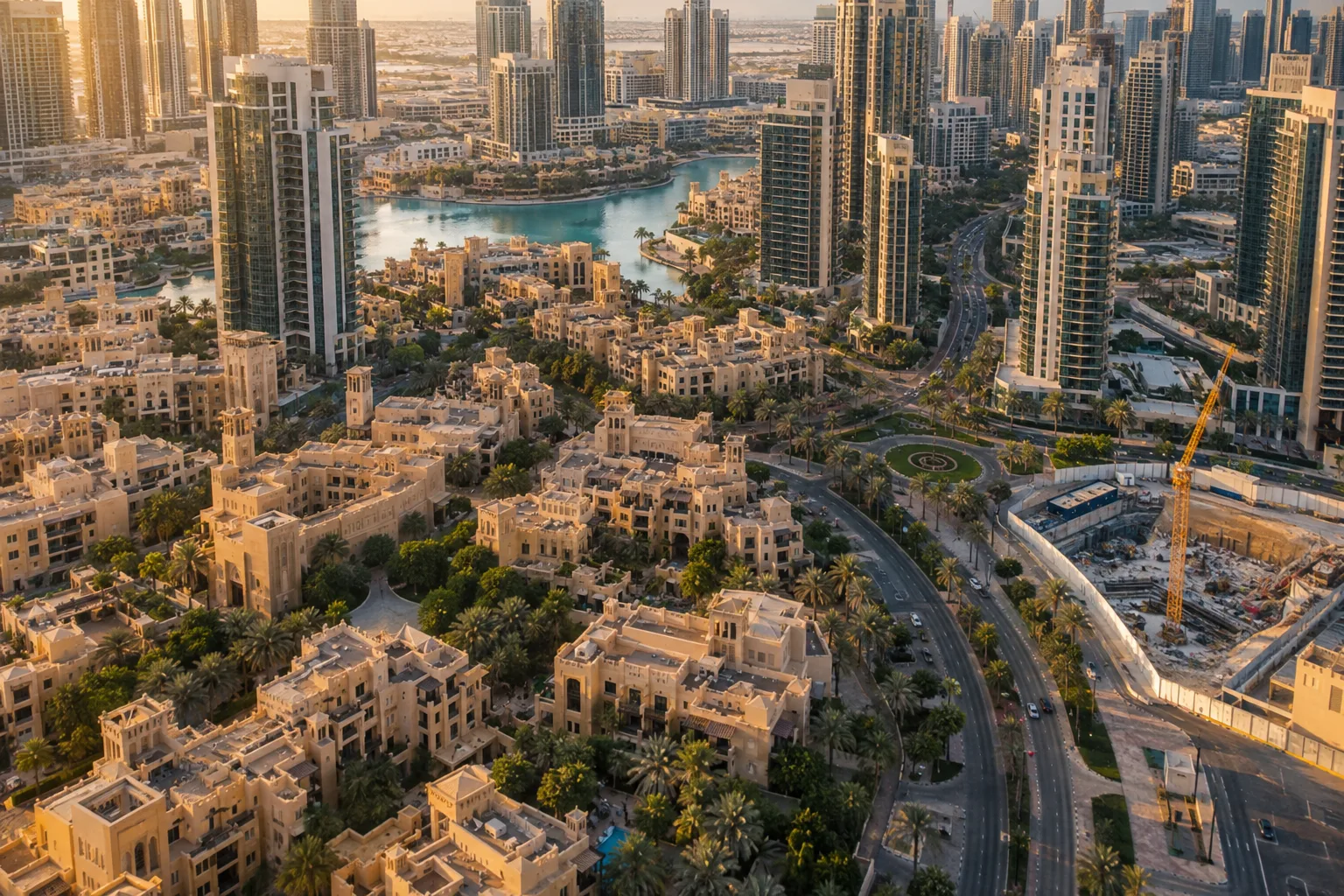 Oblique aerial view of Downtown Dubai, a dense and established district with a lone crane on its edge