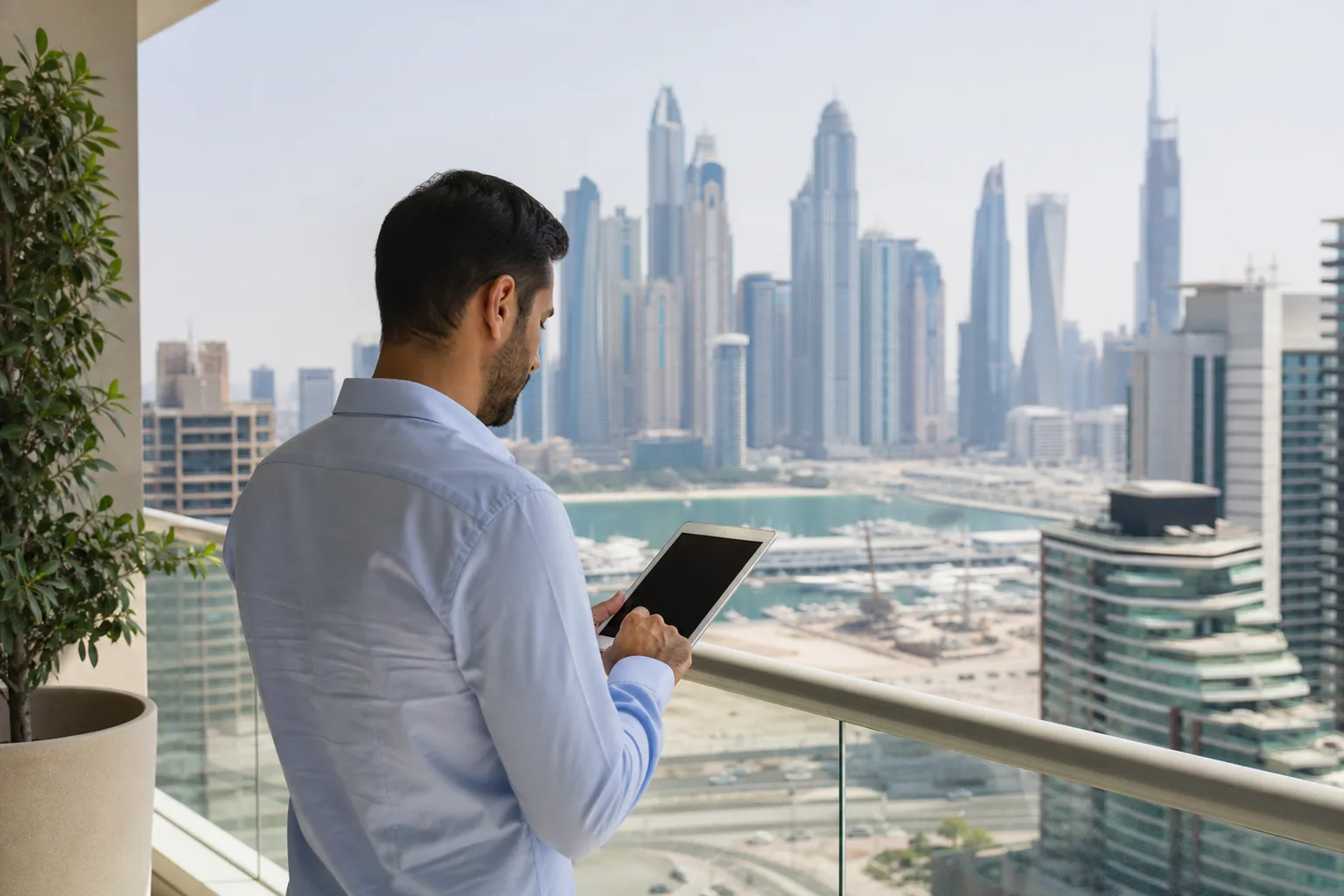 Investor consulting a tablet on the terrace of a modern apartment overlooking the skyline