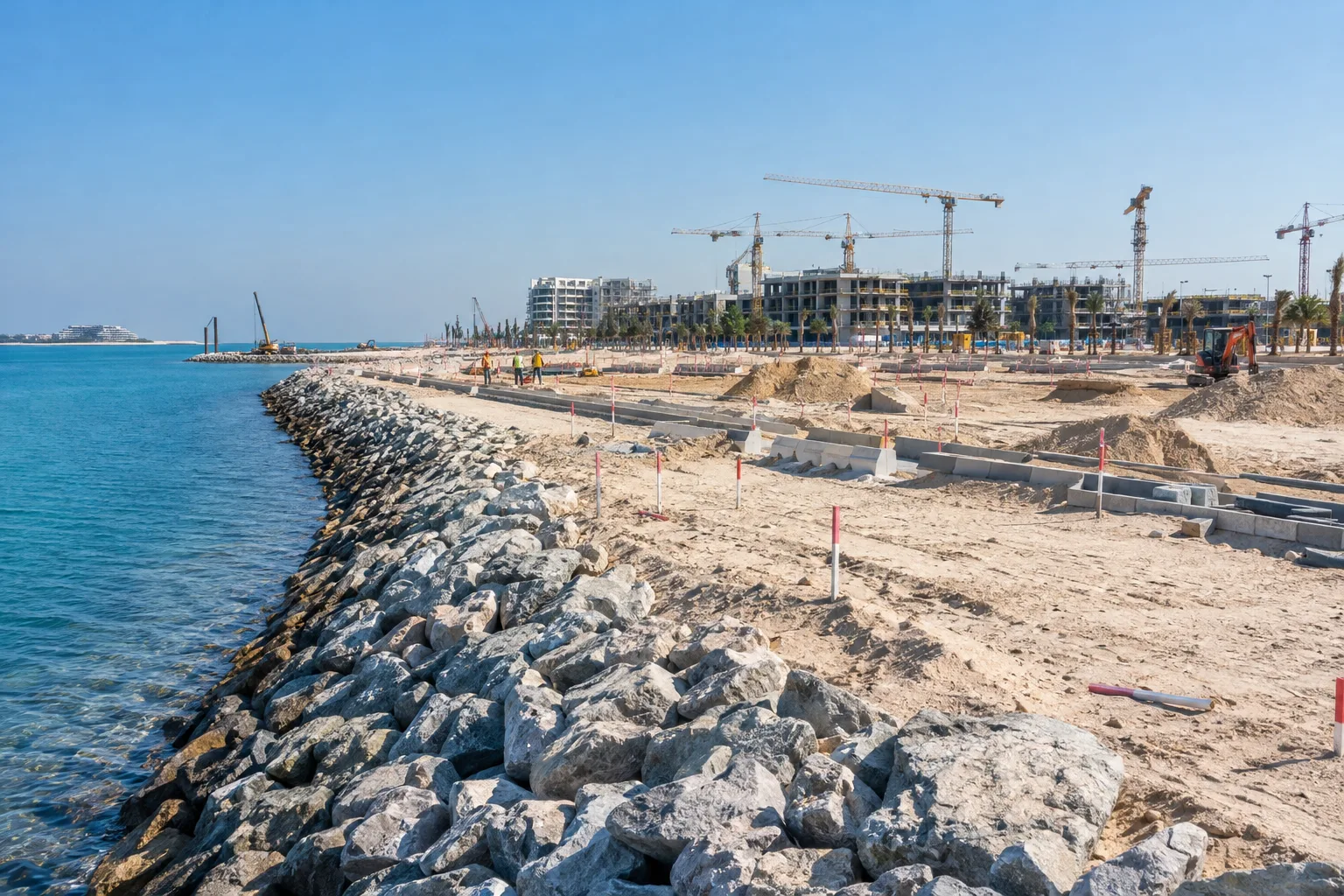 Levelled sand plots with survey stakes, new road kerbs and a rock-armour sea wall along the water