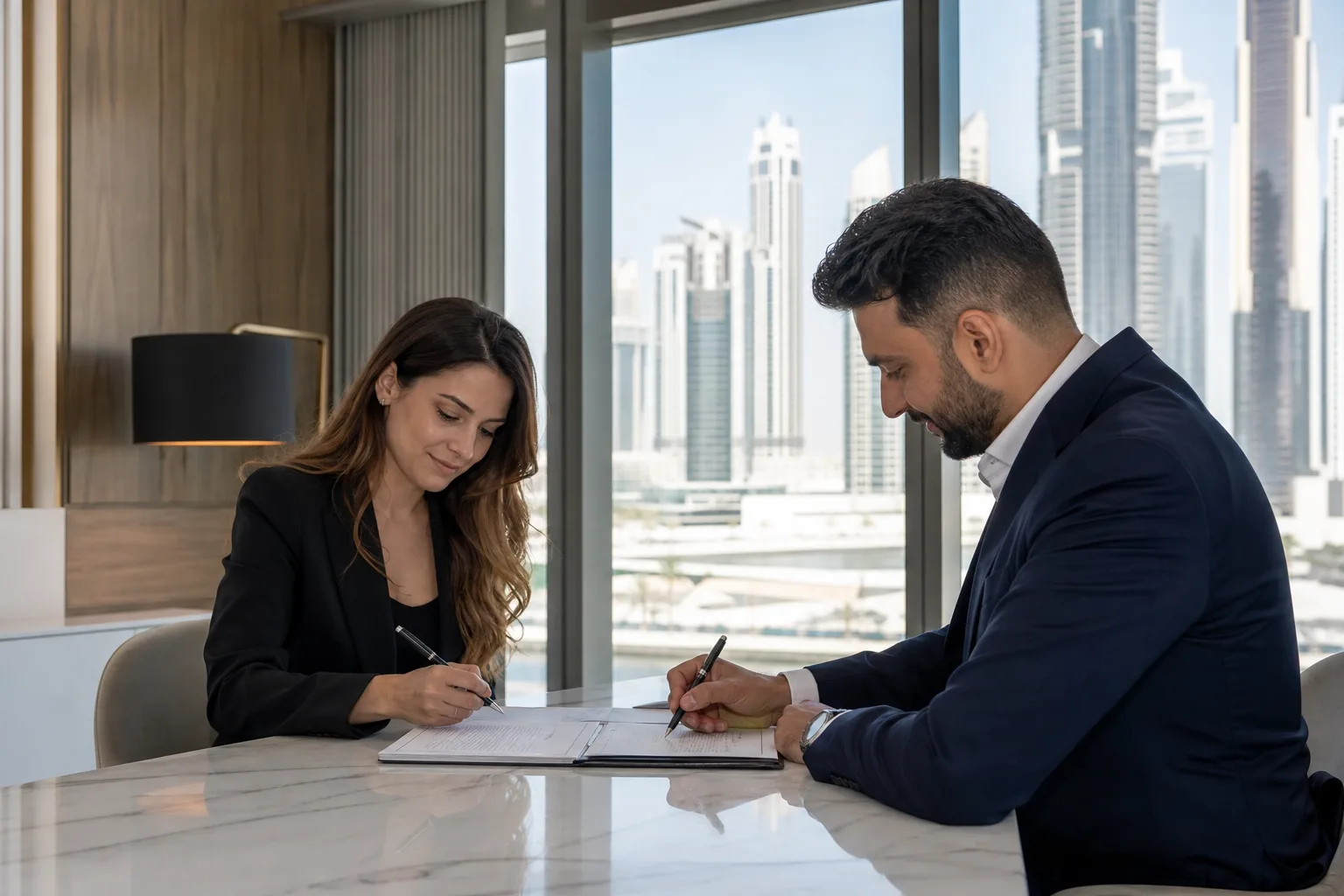 Apoderado y vendedor firmando un contrato en torno a una mesa en una oficina inmobiliaria moderna de Dubái con vistas a las torres