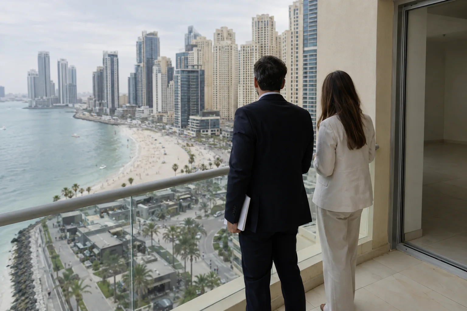 An advisor and an investor seen from behind on the balcony of an empty resale apartment in JBR, under an overcast sky