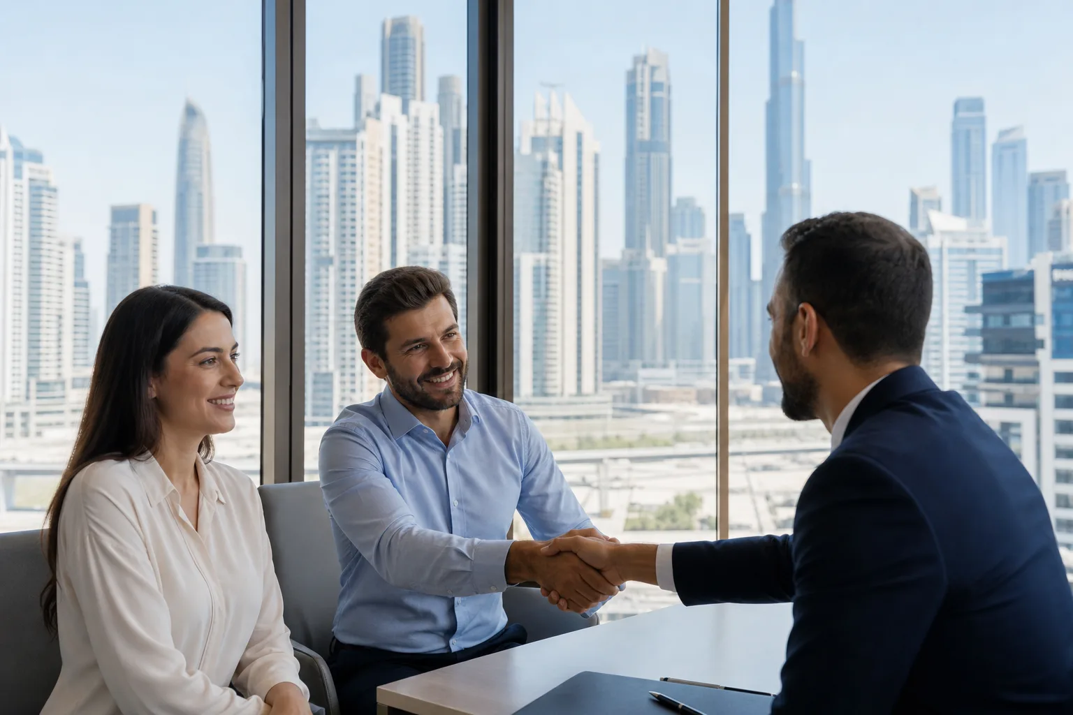 Poignée de main entre un conseiller et des clients dans un bureau moderne avec vue sur les gratte-ciels de Dubaï