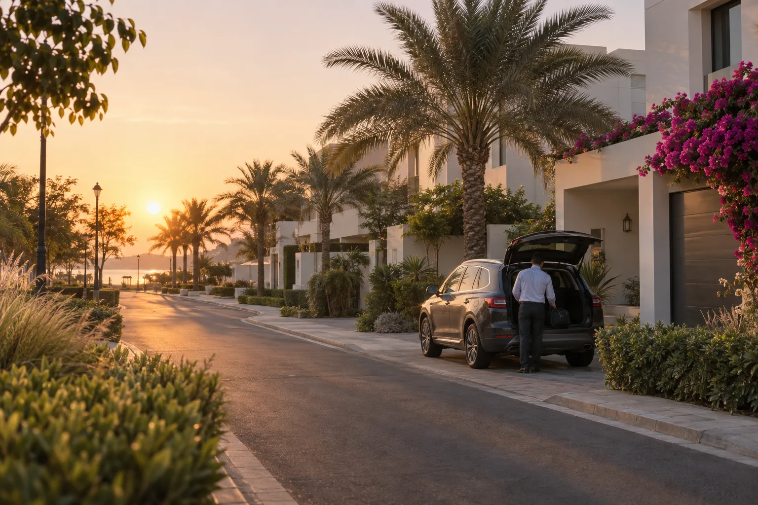 Resident seen from behind loading a car in front of a white villa on Saadiyat at sunrise
