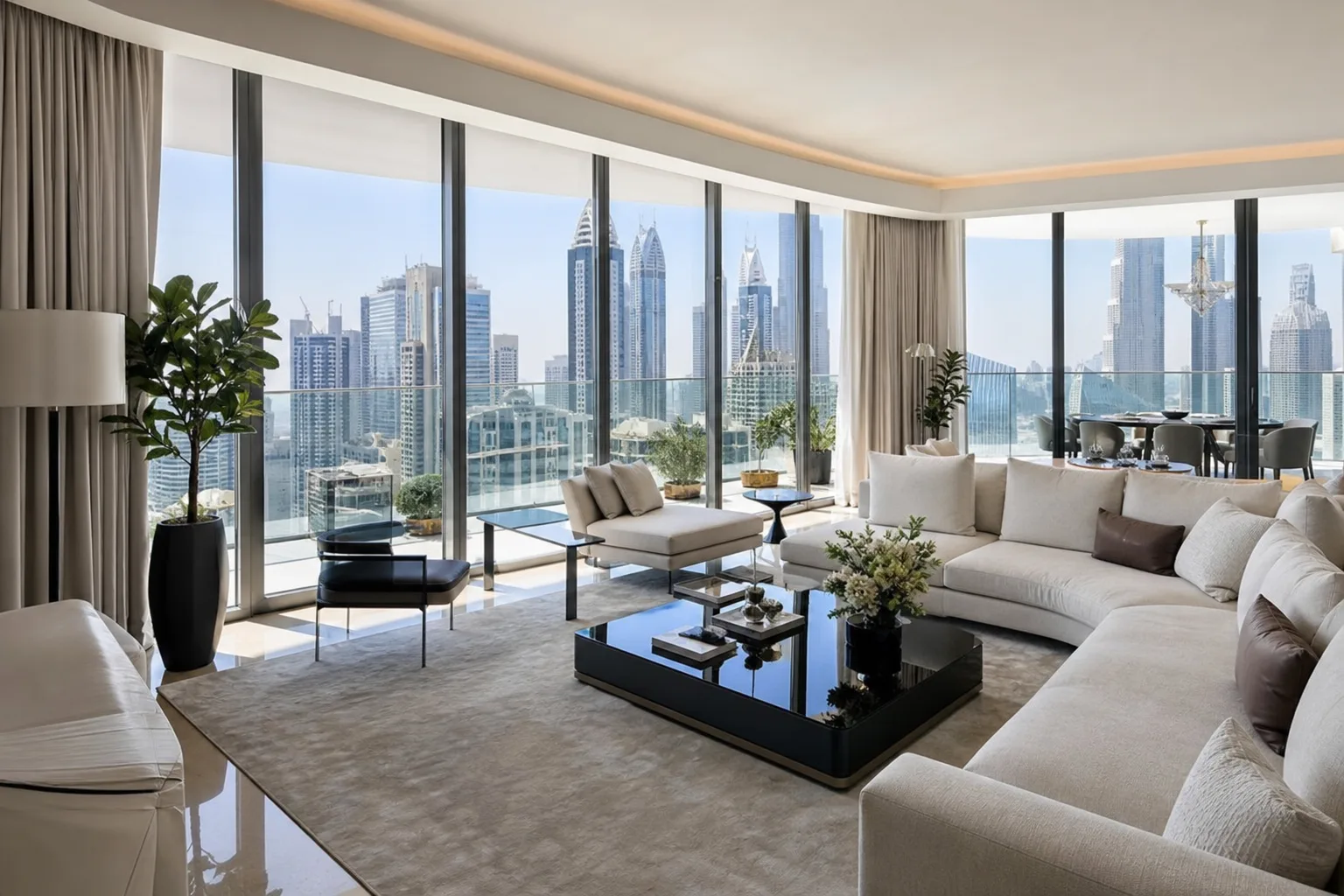 Salón de un penthouse contemporáneo con ventanales que ofrecen una vista panorámica sobre las torres del centro