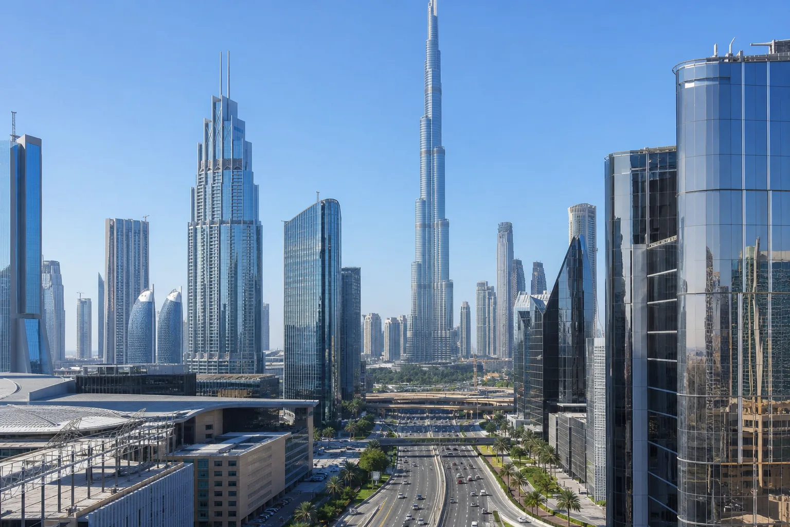 Панорама делового квартала Downtown Dubai с современными башнями под ясным дневным небом