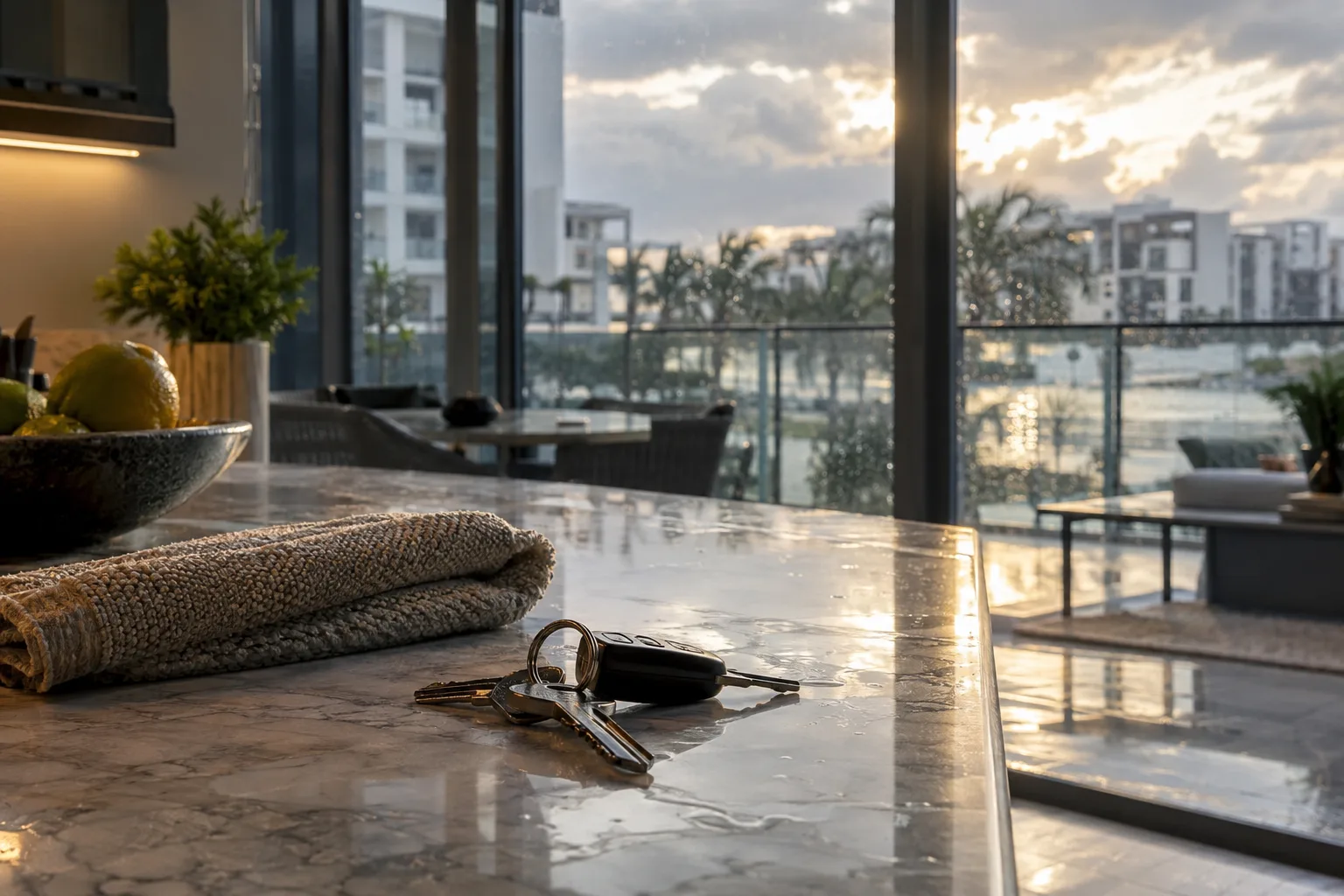 Keys and a towel on a marble counter in a furnished Yas Island apartment, picture window still wet after rain